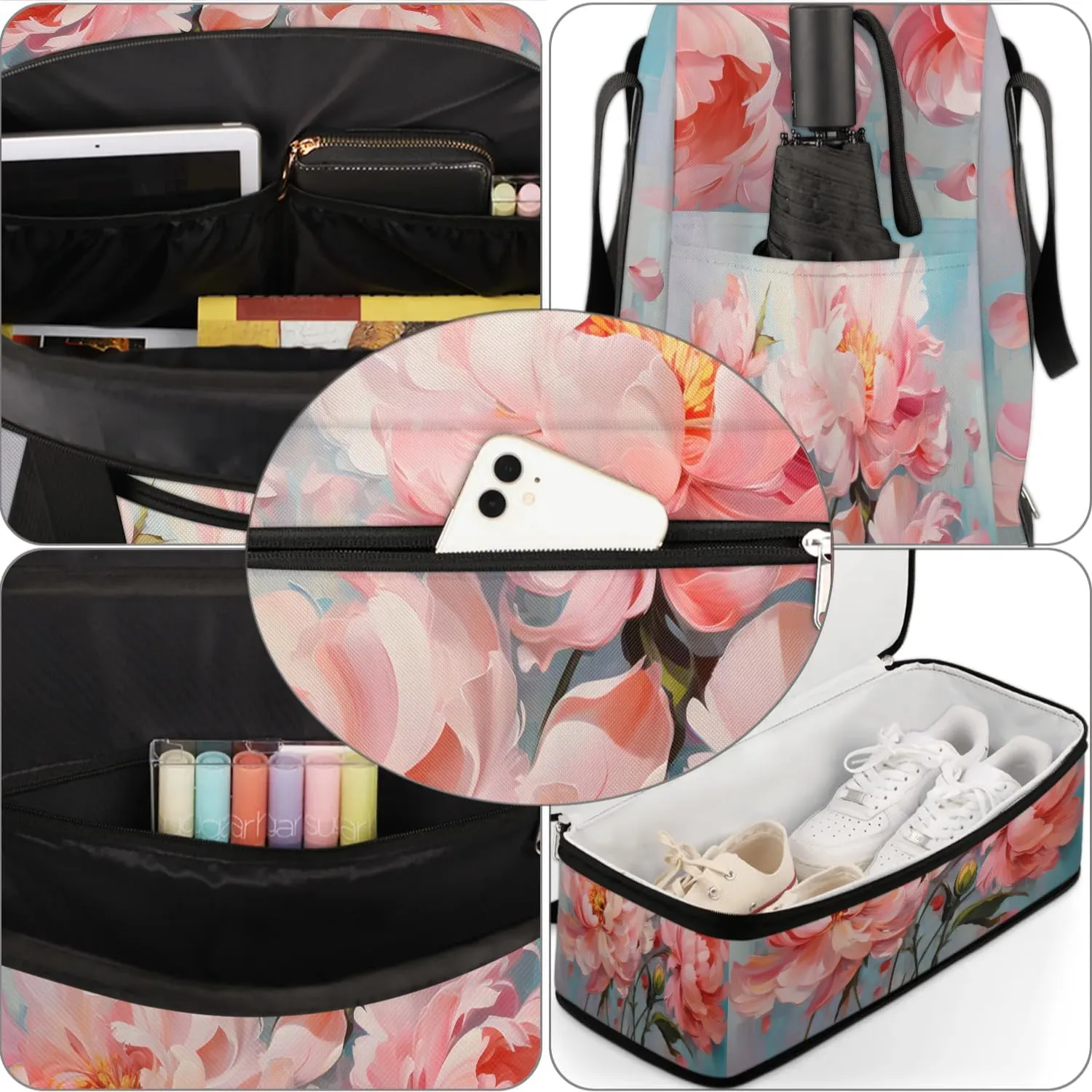 Delicate Flora Printing Magritte Travel Duffle Bag, Collapsible Travel Bag Sports Gym Bag With Shoes Compartment Weekender Bag Overnight Bag For Women Men