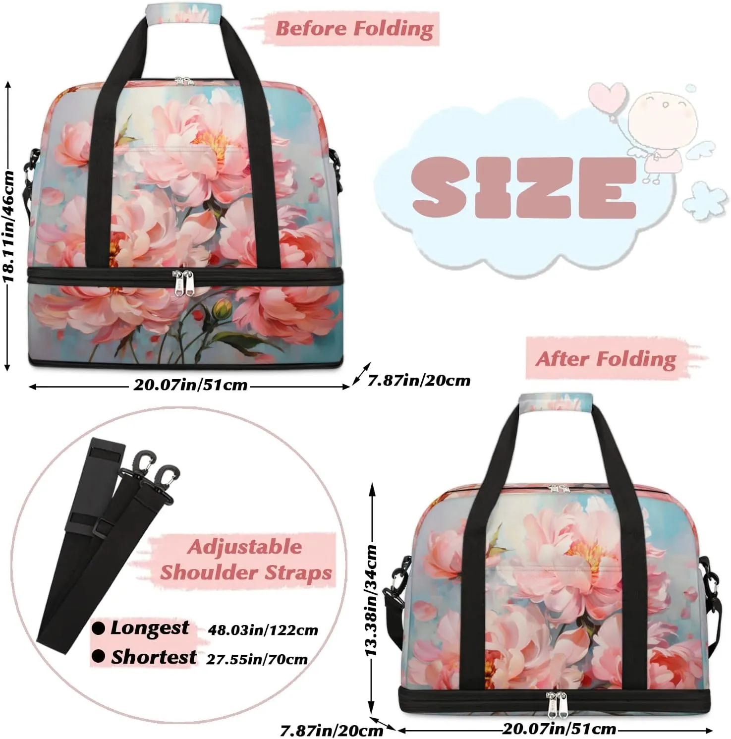 Delicate Flora Printing Magritte Travel Duffle Bag, Collapsible Travel Bag Sports Gym Bag With Shoes Compartment Weekender Bag Overnight Bag For Women Men