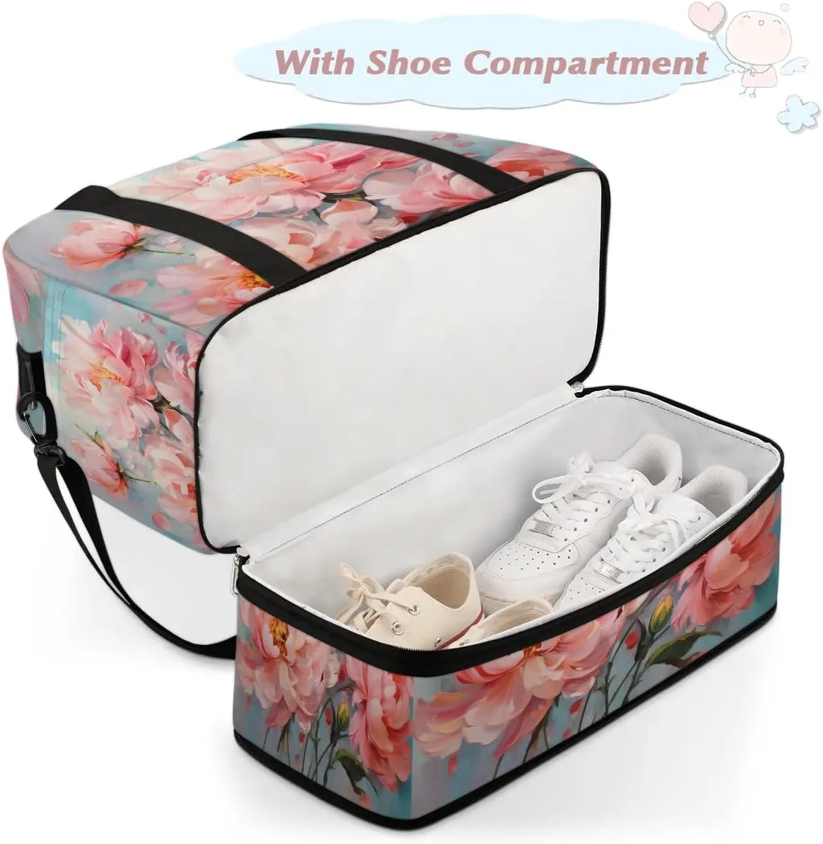 Delicate Flora Printing Magritte Travel Duffle Bag, Collapsible Travel Bag Sports Gym Bag With Shoes Compartment Weekender Bag Overnight Bag For Women Men