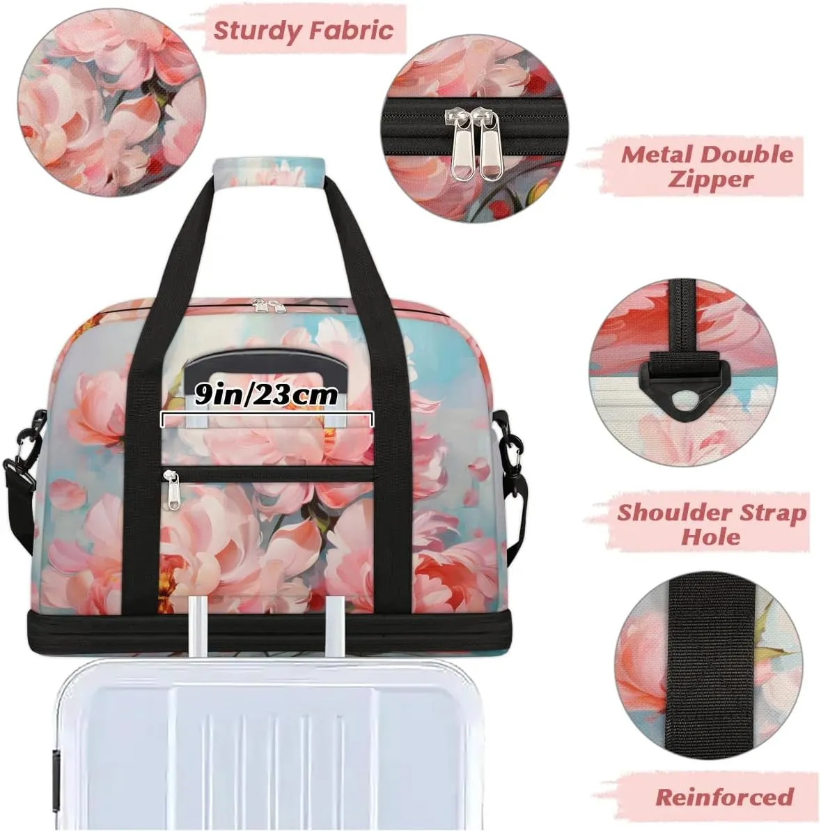 Delicate Flora Printing Magritte Travel Duffle Bag, Collapsible Travel Bag Sports Gym Bag With Shoes Compartment Weekender Bag Overnight Bag For Women Men