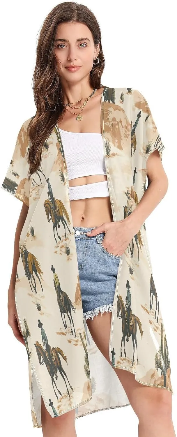 Desert Horseback Riding Women's Beach Cover up,Cardigan Swimsuit Kimono Casual Beach Swimwear-S