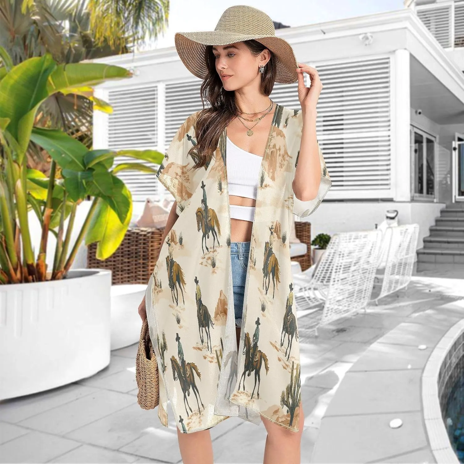 Desert Horseback Riding Women's Beach Cover up,Cardigan Swimsuit Kimono Casual Beach Swimwear-S