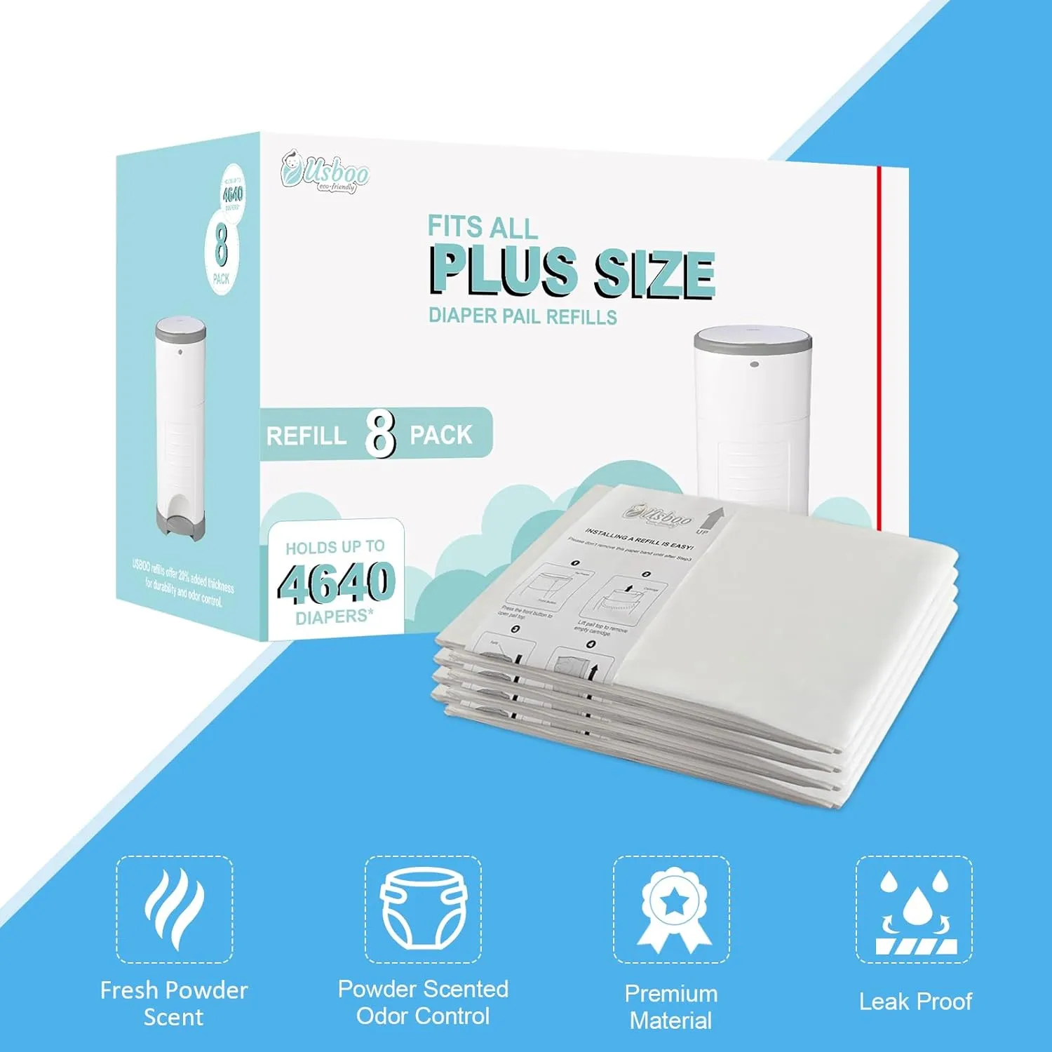 Diaper Pail Refill Bags Compatible with Dekor Plus Diaper Pail Refills| 8 Pack | Extra Thickness | Diaper Trash Bags | Fresh Powder Scent | Holds up to 4640 Diapers