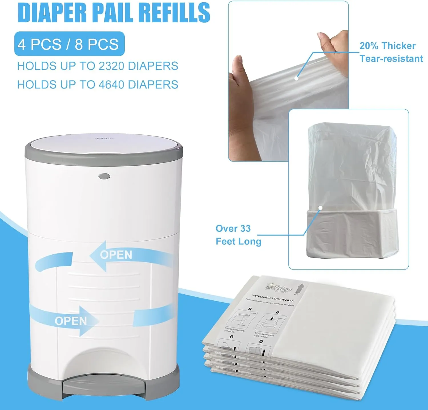 Diaper Pail Refill Bags Compatible with Dekor Plus Diaper Pail Refills| 8 Pack | Extra Thickness | Diaper Trash Bags | Fresh Powder Scent | Holds up to 4640 Diapers