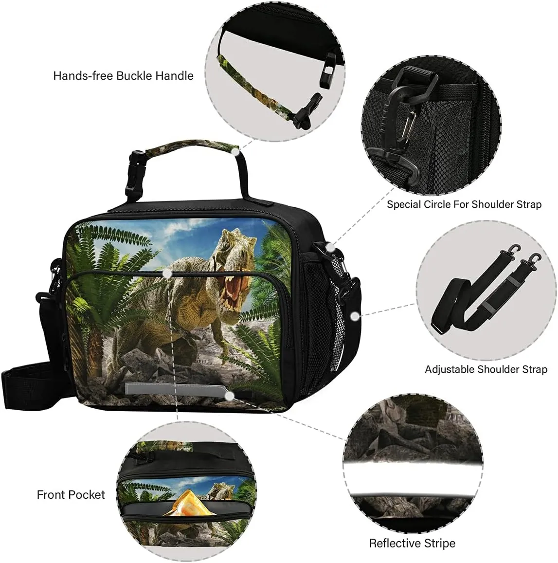 Dinosaur Tyrannosaurus Lunch Bag with Shoulder Strap for Women Men Insulated Lunch Box Tote Bags Water-resistant Cooler Bag for Office Work Picnic Beach(11x9x5 Inch)