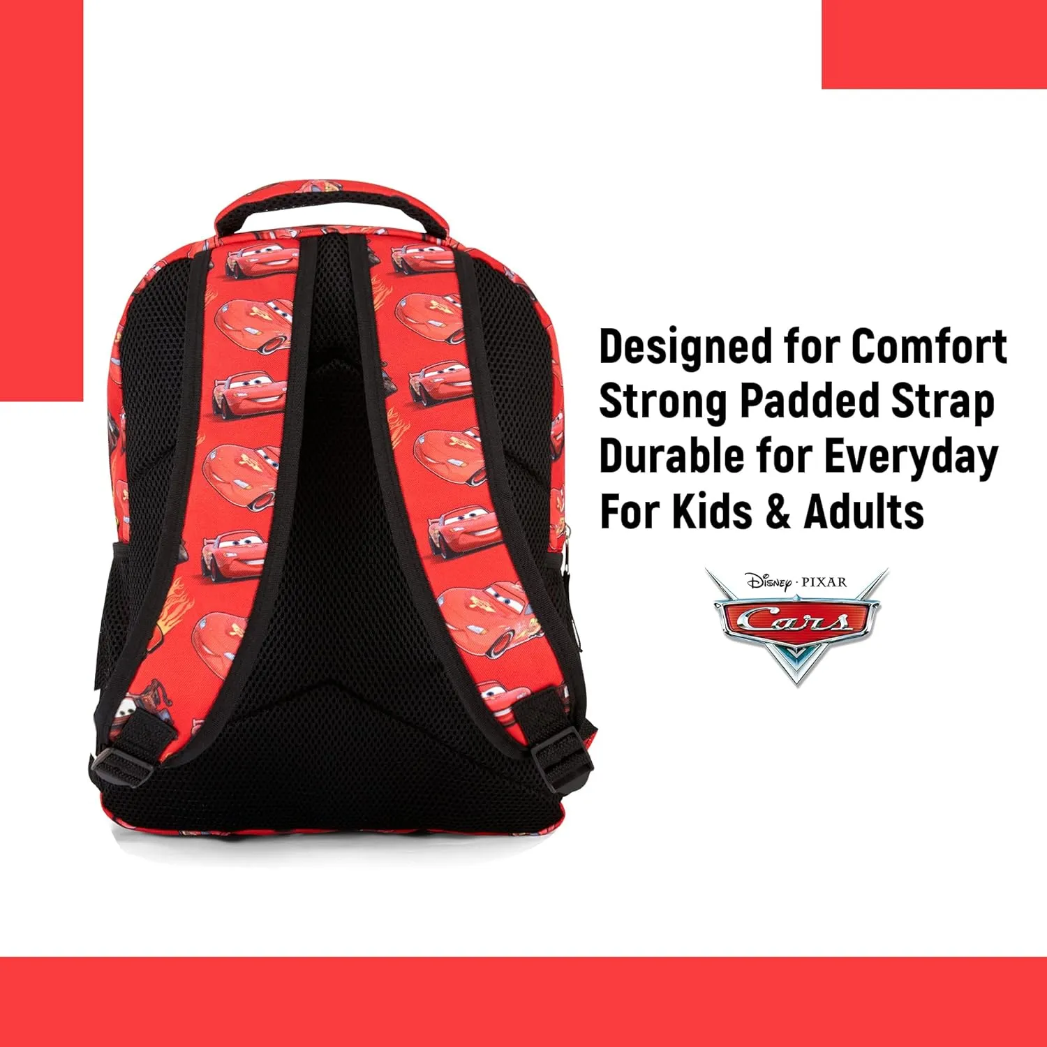 Disney Cars Lightning McQueen Bookbag Backpack Pixar Lightning McQueen, Mater, Doc Hudson Allover Bag - Backpack for Boys, Girls, Toddlers, Kids, Adults - Great Bag For Gym, Park and Camp (Red)