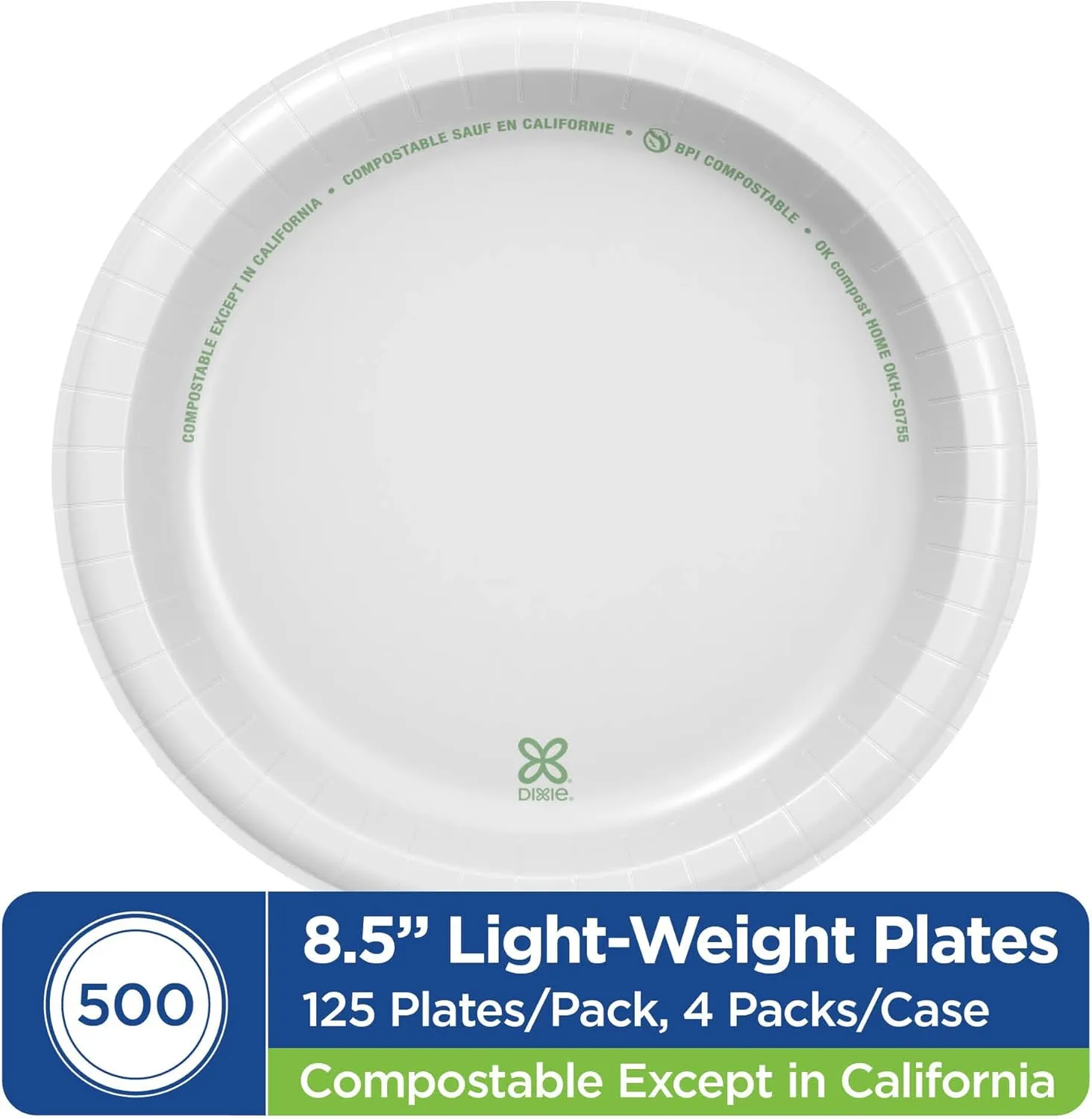 Dixie 8 1/2 Inch Light-Weight Disposable Paper Plates, White, 500 Count, Bulk Case, 4 Packs/125 Count Per Pack, (Georgia-Pacific #DBP09W)