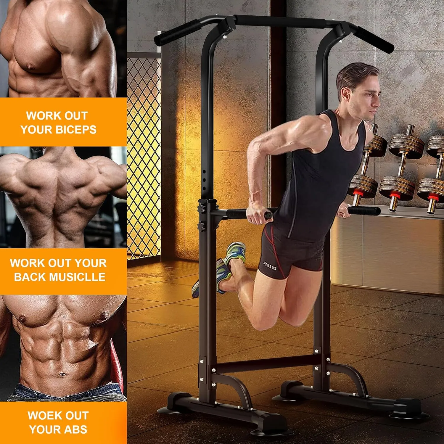 DlandHome Power Tower Pull Up Dip Station Multi-Function Fitness Equipment for Strength Training Adjustable Height Dip Stand for Home Gym