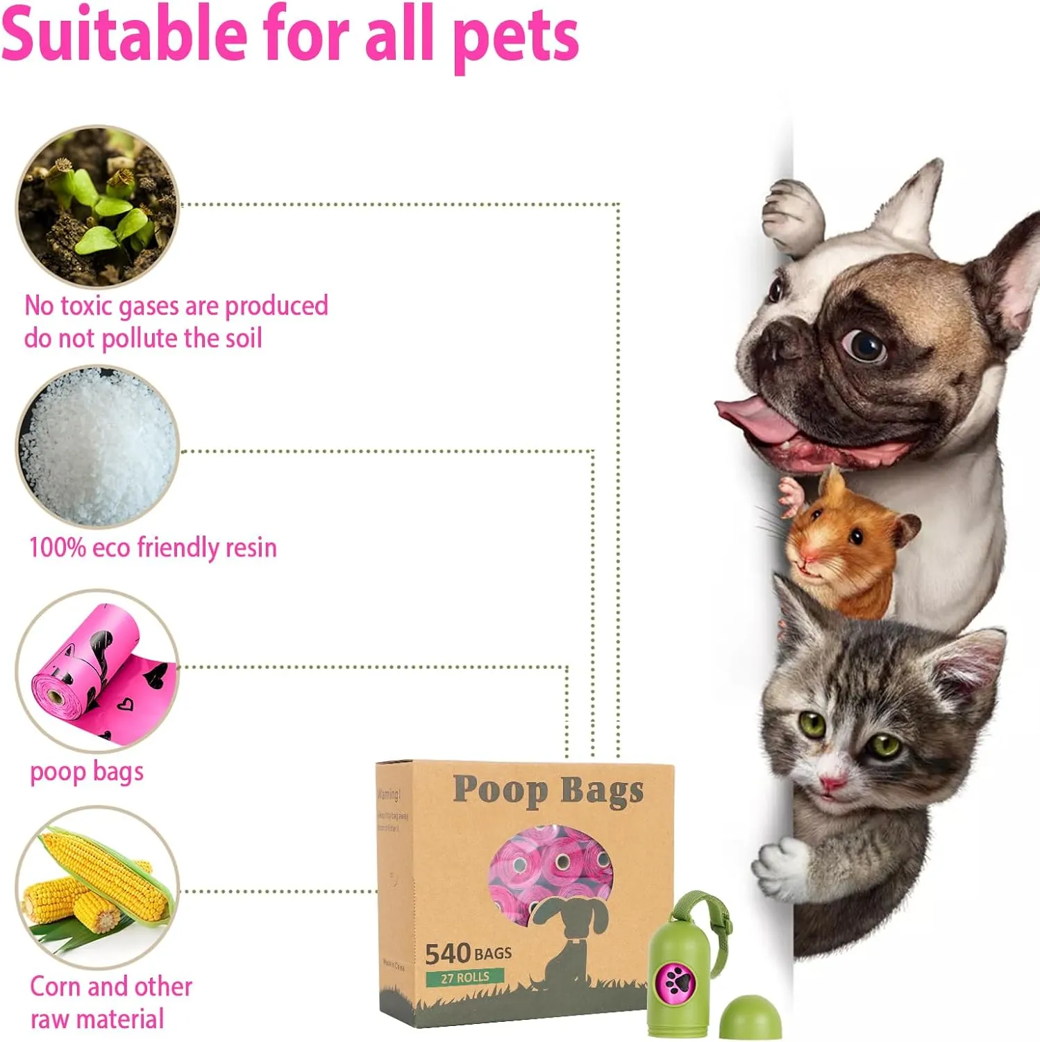 Dog Poop Bag Rolls - 540 Count Dog Waste Bags with Dispenser, Extra Thick Strong Leak proof Poop Bags for Dogs Doggy | Scented Rose