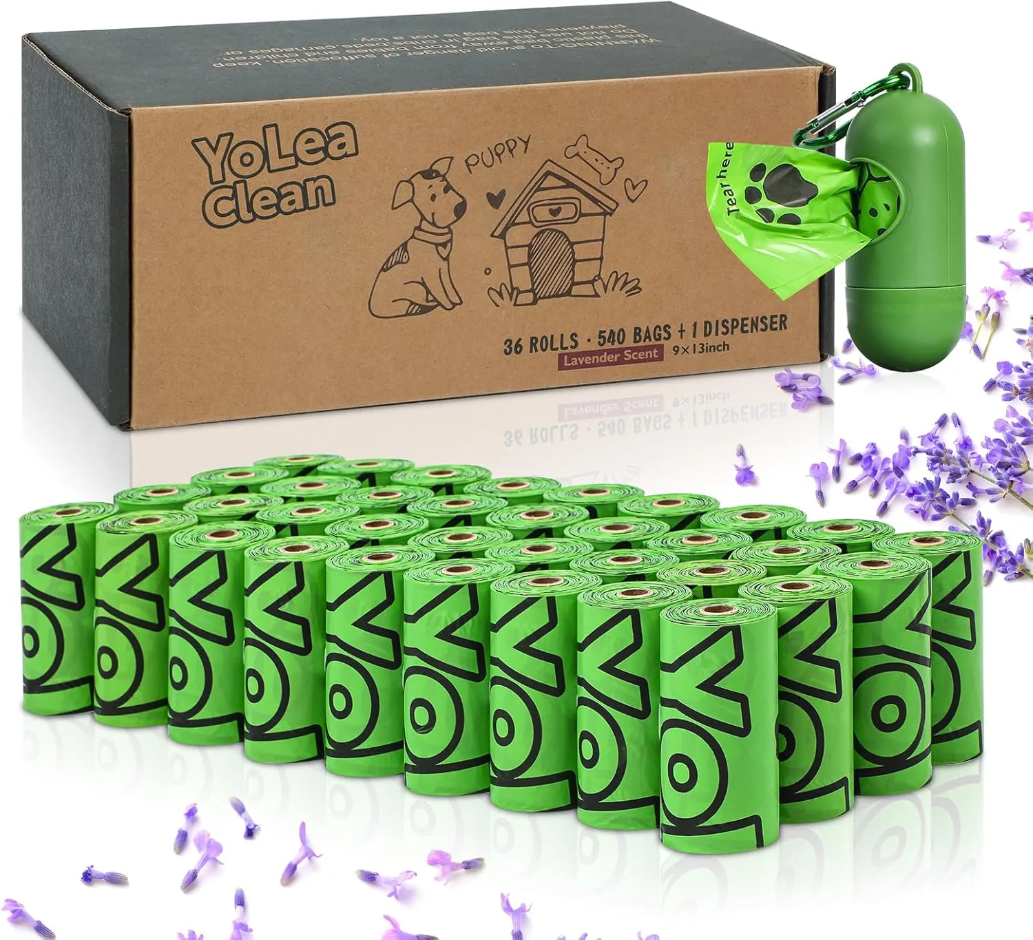 Dog Poop Bags, Lavender Scented Poop Bags Rolls with Dispenser, Heavy Duty, Extra Thick, Leak Proof, Eco-Friendly Pet Waste Bags, 540 Count