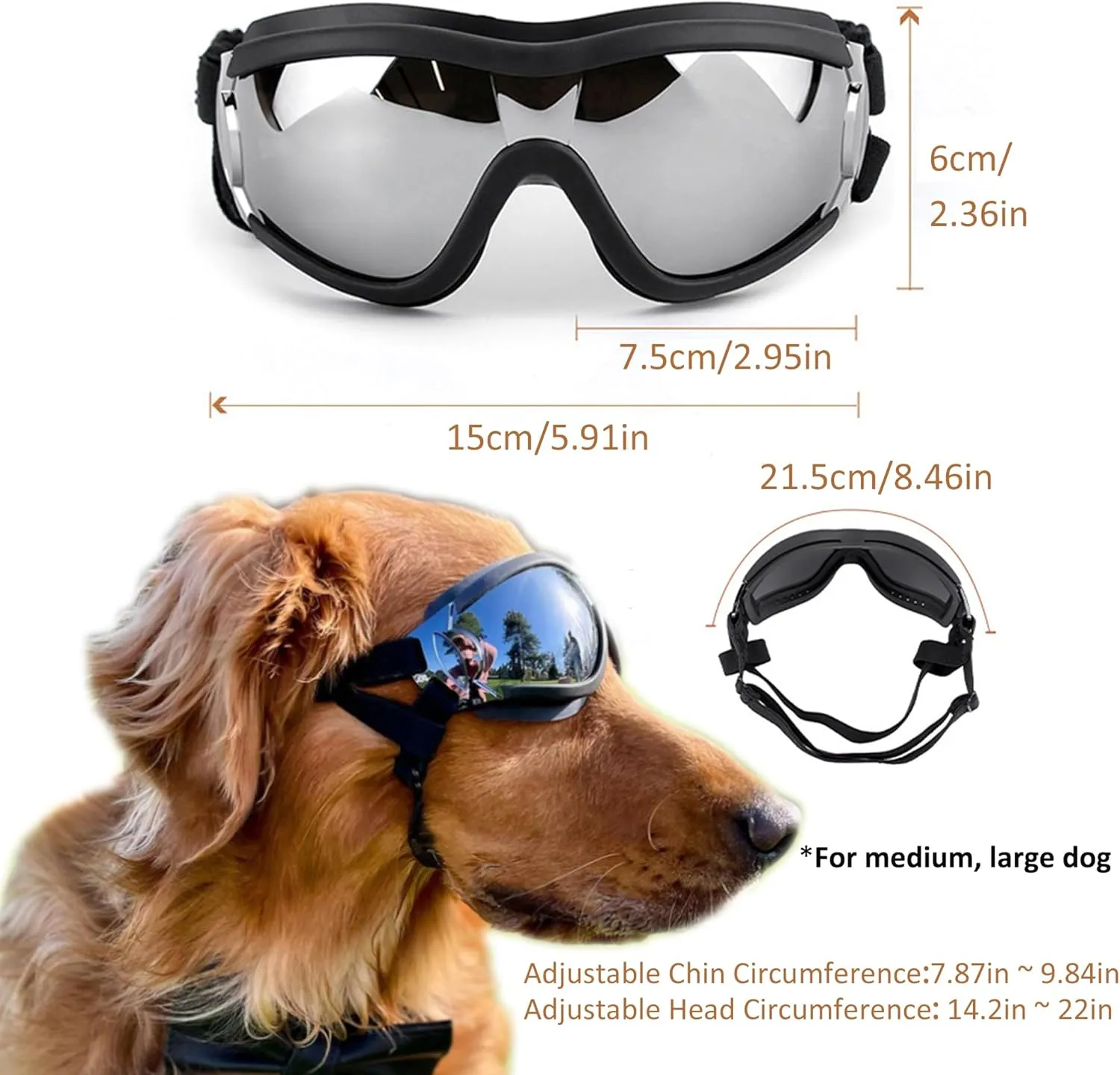 Dog Sunglasses for Large and Medium Breed, Dog Goggles for Large Dogs, Sun Protection, Windproof, Waterproof, Dustproof and Anti-Fog with Adjustable Strap for Driving, Motorcycle, Black