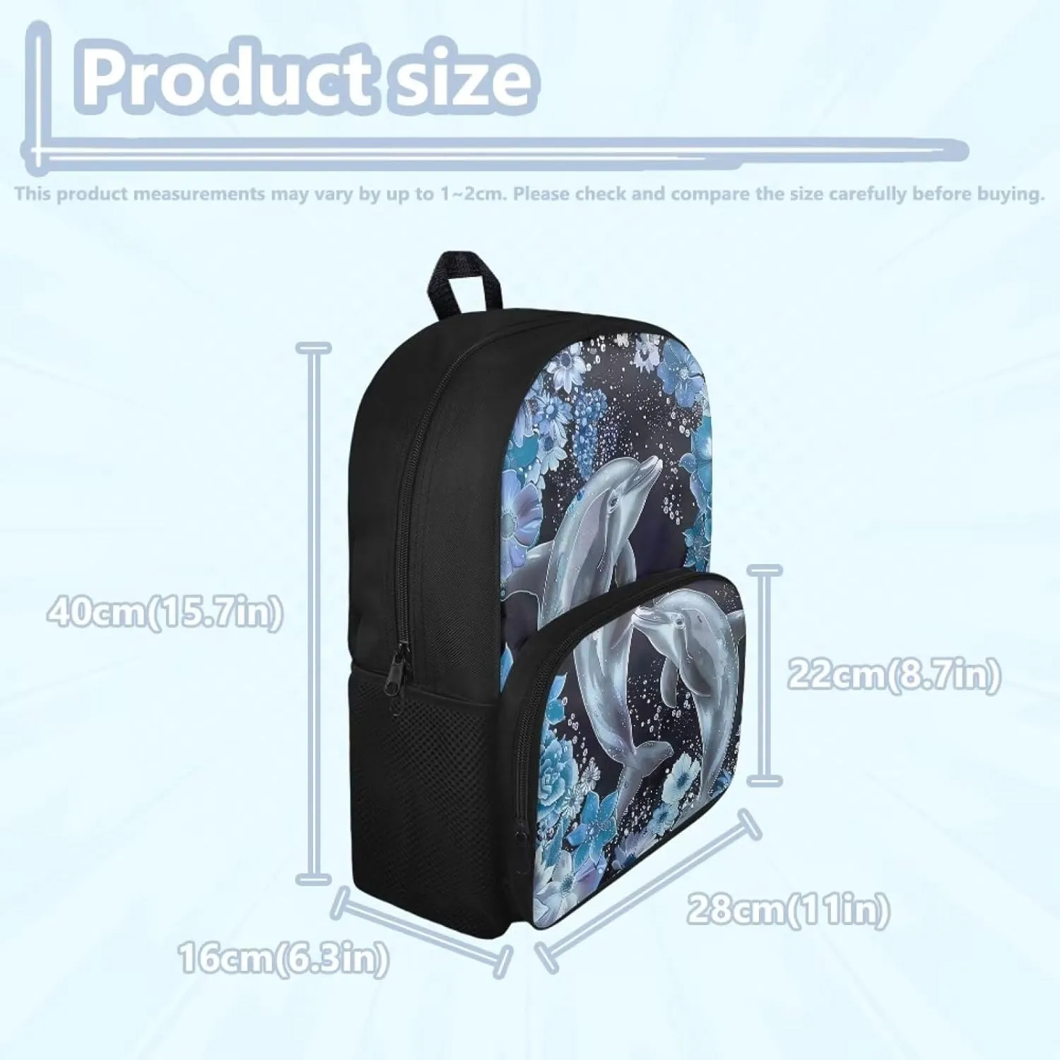 Dolphin Backpack Kids School Bag Cute School Bags for Teens Bookbags for 5th Grade Girls Middle School 15 Inches Book Bags with Adjustable Strap & Zipper Pocket