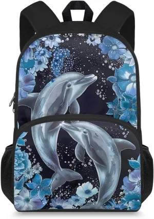 Dolphin Backpack Kids School Bag Cute School Bags for Teens Bookbags for 5th Grade Girls Middle School 15 Inches Book Bags with Adjustable Strap & Zipper Pocket