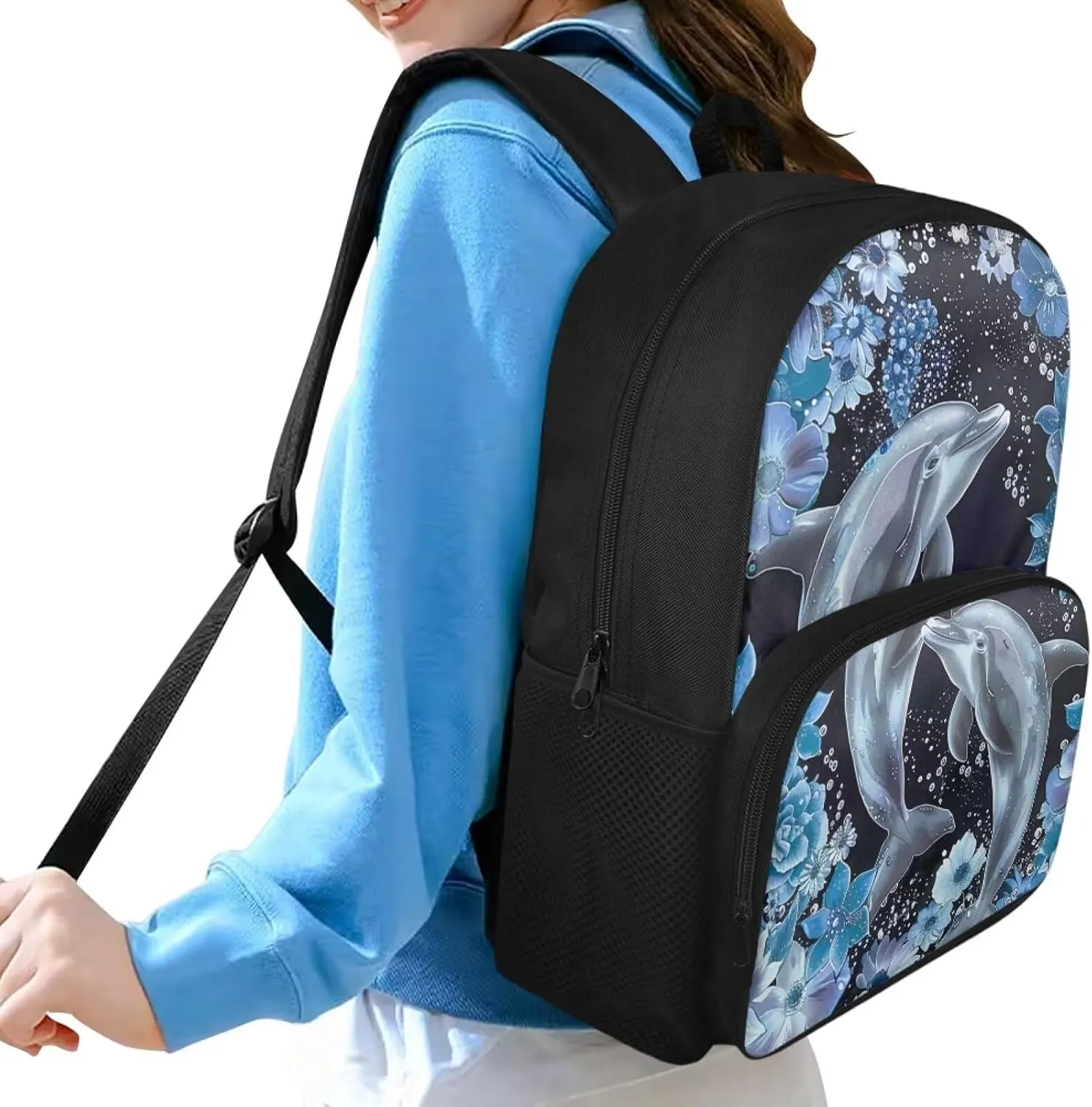 Dolphin Backpack Kids School Bag Cute School Bags for Teens Bookbags for 5th Grade Girls Middle School 15 Inches Book Bags with Adjustable Strap & Zipper Pocket