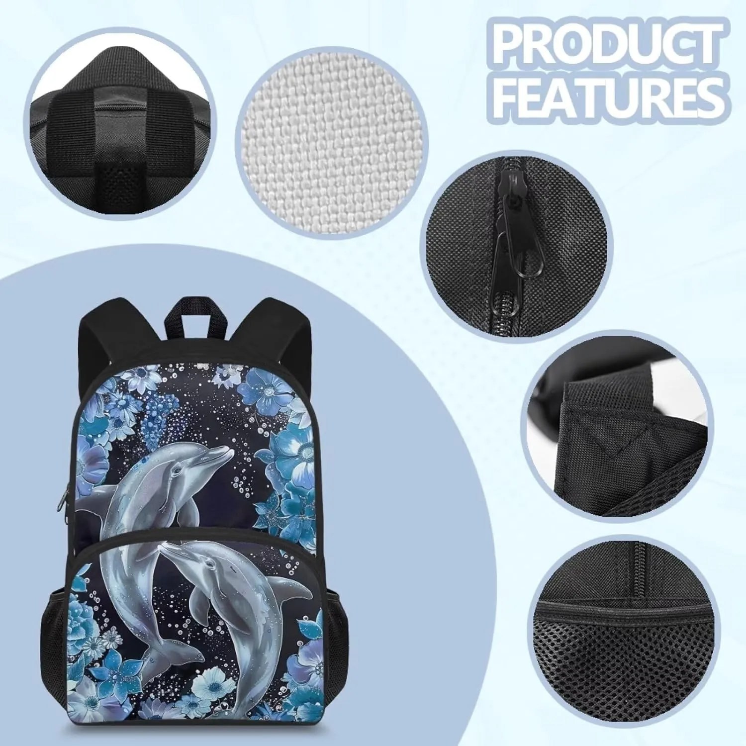Dolphin Backpack Kids School Bag Cute School Bags for Teens Bookbags for 5th Grade Girls Middle School 15 Inches Book Bags with Adjustable Strap & Zipper Pocket
