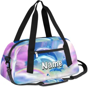 Dolphin Rainbow Cute Duffle Bag for Kids Custom Name Girls Overnight Bag 18.5 Inch Sport Gym Duffle Bag Personalized Cute Sleepover Bags for Girls Boys Travel Duffel Bag