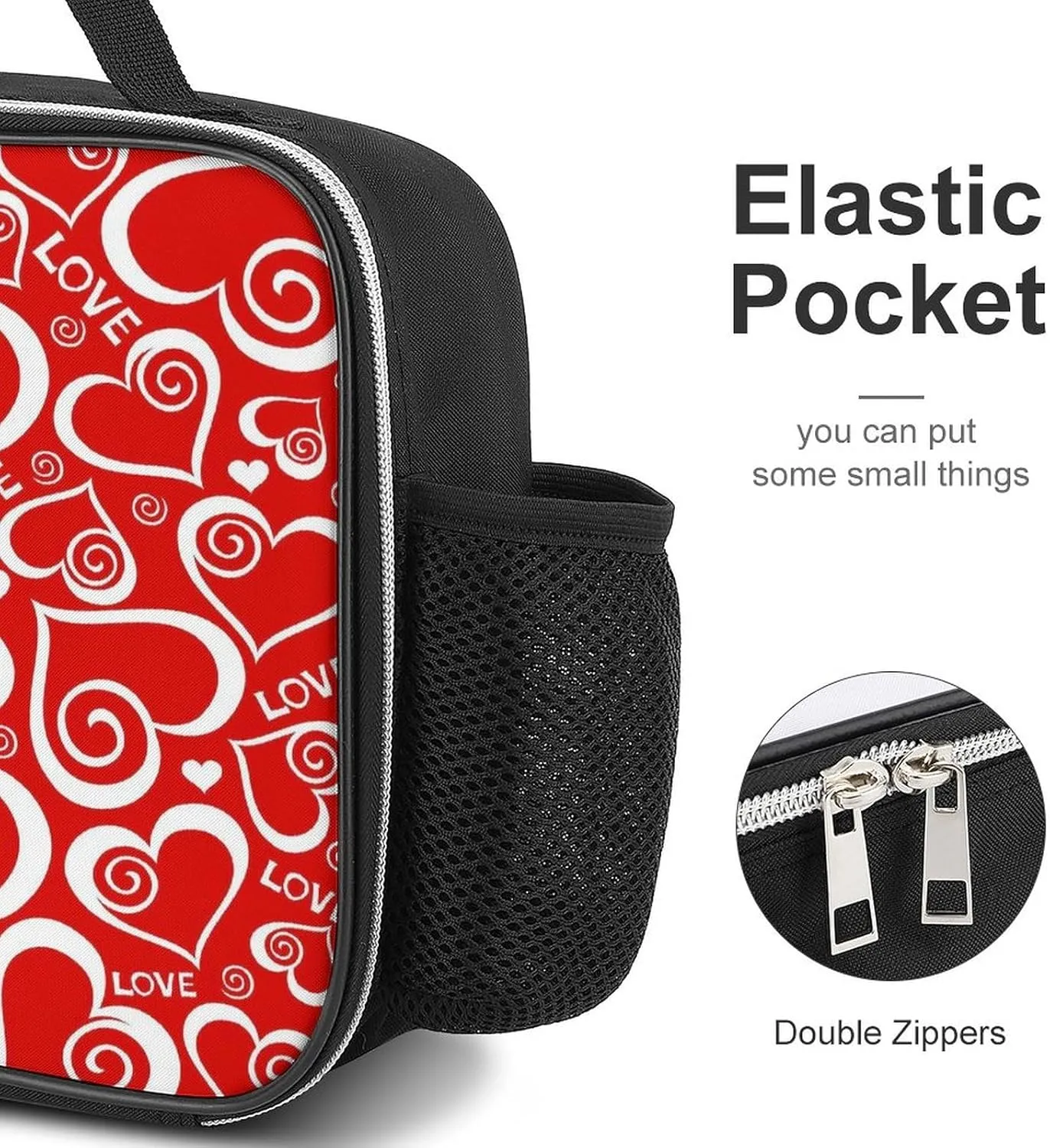 Donnapink Polyester Lunch Meal Bag with Buckled Handle, Lunchbox Bag Thermal Insulated Cooler Leakproof Picnic 10.6x3.5x8.3 in Print Valentine's Day Red Hearts with White Rims Texture Seamless