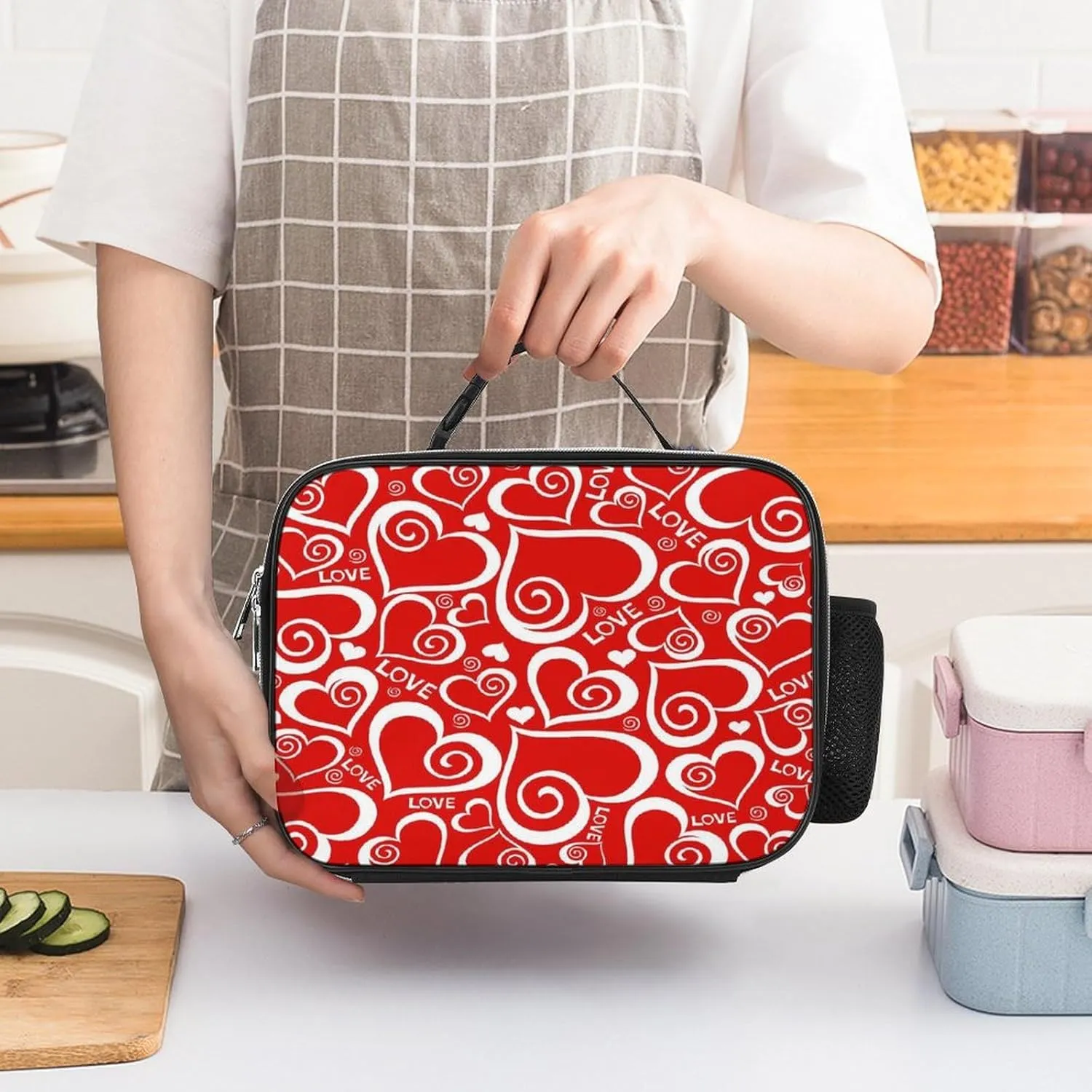 Donnapink Polyester Lunch Meal Bag with Buckled Handle, Lunchbox Bag Thermal Insulated Cooler Leakproof Picnic 10.6x3.5x8.3 in Print Valentine's Day Red Hearts with White Rims Texture Seamless