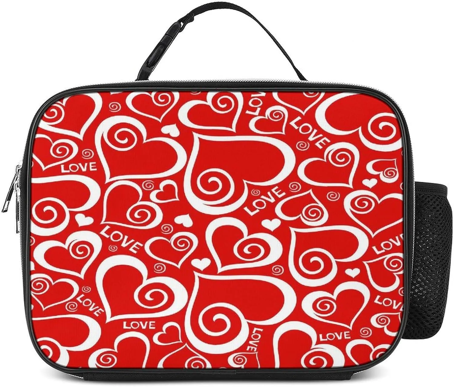 Donnapink Polyester Lunch Meal Bag with Buckled Handle, Lunchbox Bag Thermal Insulated Cooler Leakproof Picnic 10.6x3.5x8.3 in Print Valentine's Day Red Hearts with White Rims Texture Seamless