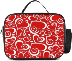 Donnapink Polyester Lunch Meal Bag with Buckled Handle, Lunchbox Bag Thermal Insulated Cooler Leakproof Picnic 10.6x3.5x8.3 in Print Valentine's Day Red Hearts with White Rims Texture Seamless