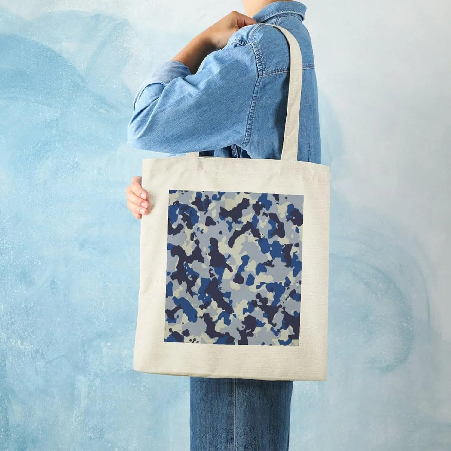 Donnapink Shopping Tote Bag, Insulated Cooler Reusable Bag USA Made Lunch Box Thermal Portable Handbag Print Seamless Blue Black Grey Urban Horizontal Camouflage Camo