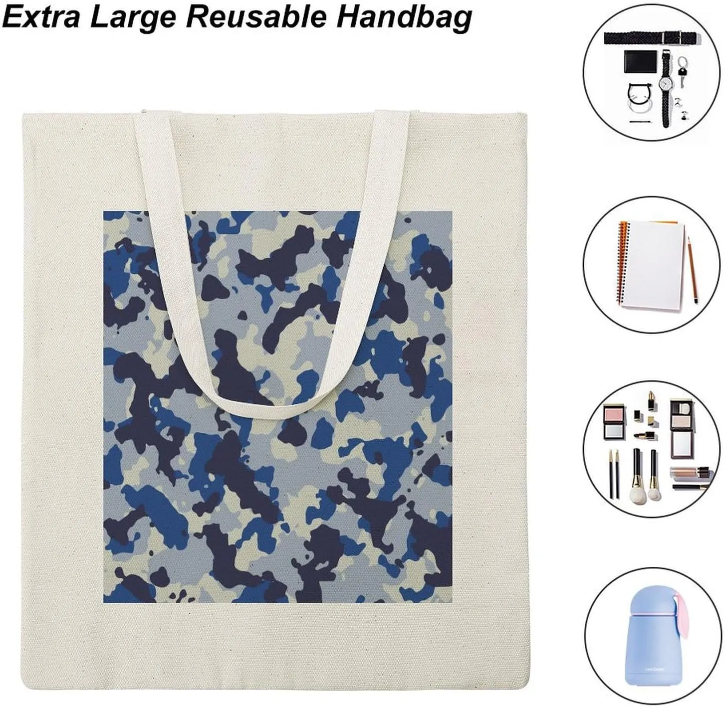 Donnapink Shopping Tote Bag, Insulated Cooler Reusable Bag USA Made Lunch Box Thermal Portable Handbag Print Seamless Blue Black Grey Urban Horizontal Camouflage Camo