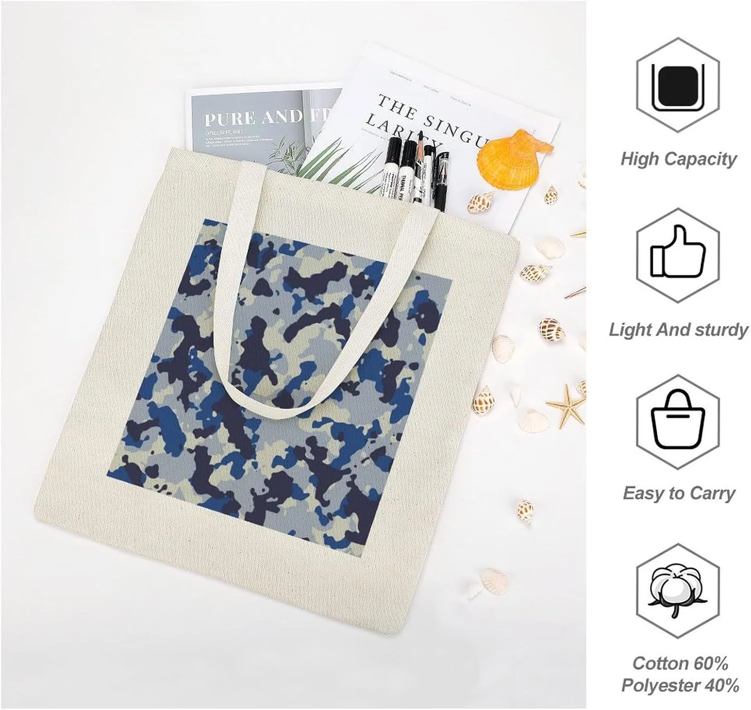 Donnapink Shopping Tote Bag, Insulated Cooler Reusable Bag USA Made Lunch Box Thermal Portable Handbag Print Seamless Blue Black Grey Urban Horizontal Camouflage Camo