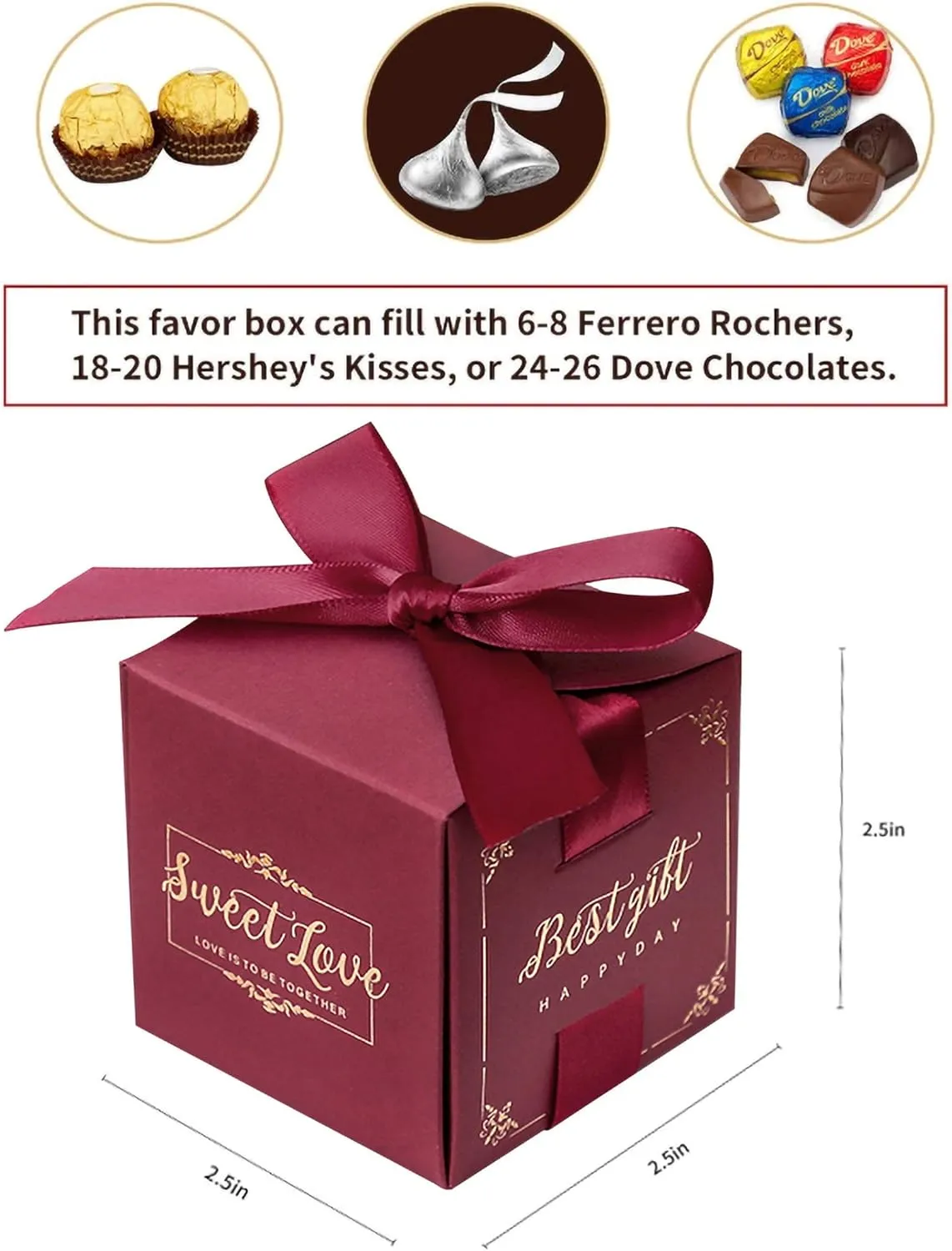 DORIS HOME 50pcs 2.5 * 2.5 * 2.5 Inch Burgundy Birthday Wedding Party Favor Boxes,Wedding Gift Bags Chocolate Candy and Gift Boxes Bridal Shower Party Paper Gift Boxes with Ribbons