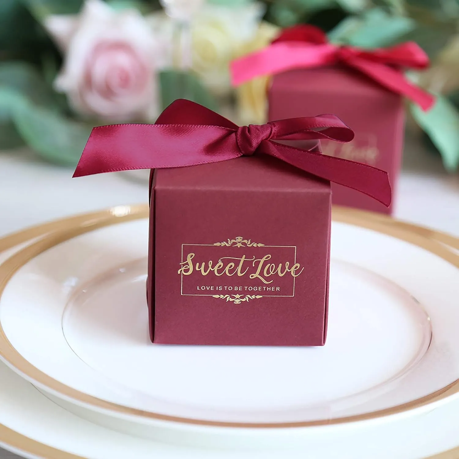 DORIS HOME 50pcs 2.5 * 2.5 * 2.5 Inch Burgundy Birthday Wedding Party Favor Boxes,Wedding Gift Bags Chocolate Candy and Gift Boxes Bridal Shower Party Paper Gift Boxes with Ribbons