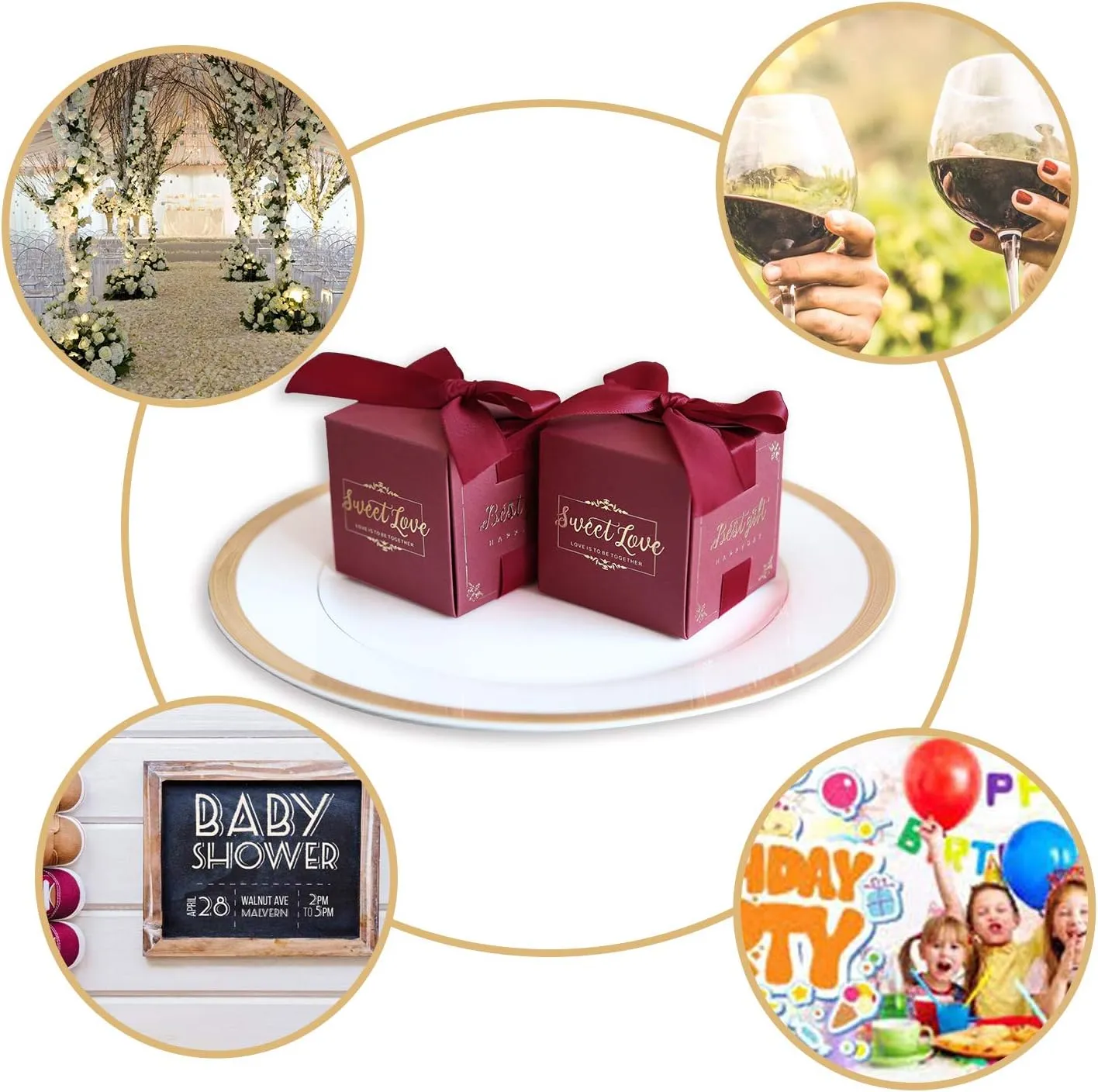 DORIS HOME 50pcs 2.5 * 2.5 * 2.5 Inch Burgundy Birthday Wedding Party Favor Boxes,Wedding Gift Bags Chocolate Candy and Gift Boxes Bridal Shower Party Paper Gift Boxes with Ribbons