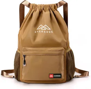 Drawstring Backpack for Women Men Sport Gym Bag Water Resistant Backpack Sandproof Beach Bag With Mesh Pockets (Khaki)
