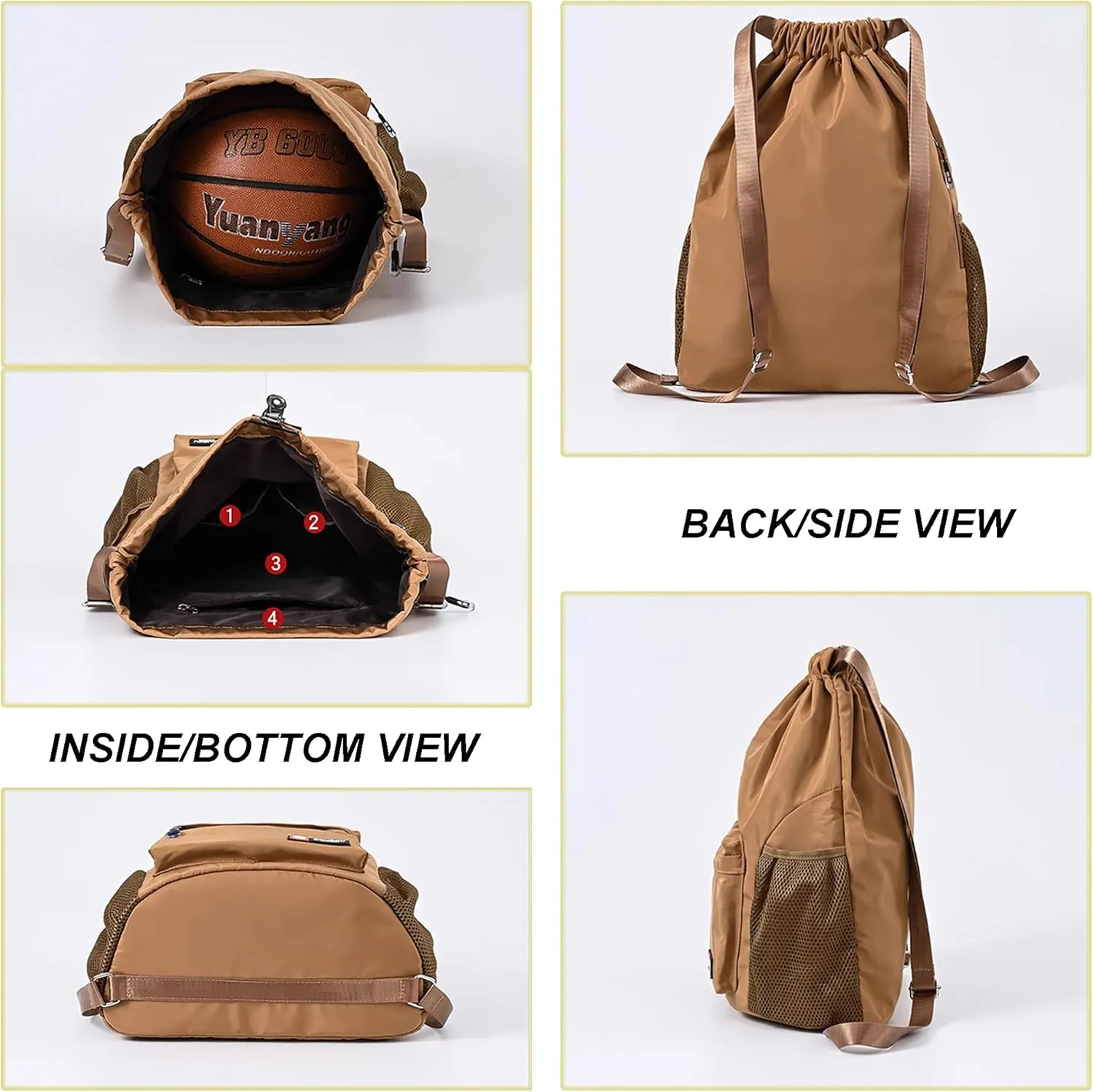 Drawstring Backpack for Women Men Sport Gym Bag Water Resistant Backpack Sandproof Beach Bag With Mesh Pockets (Khaki)