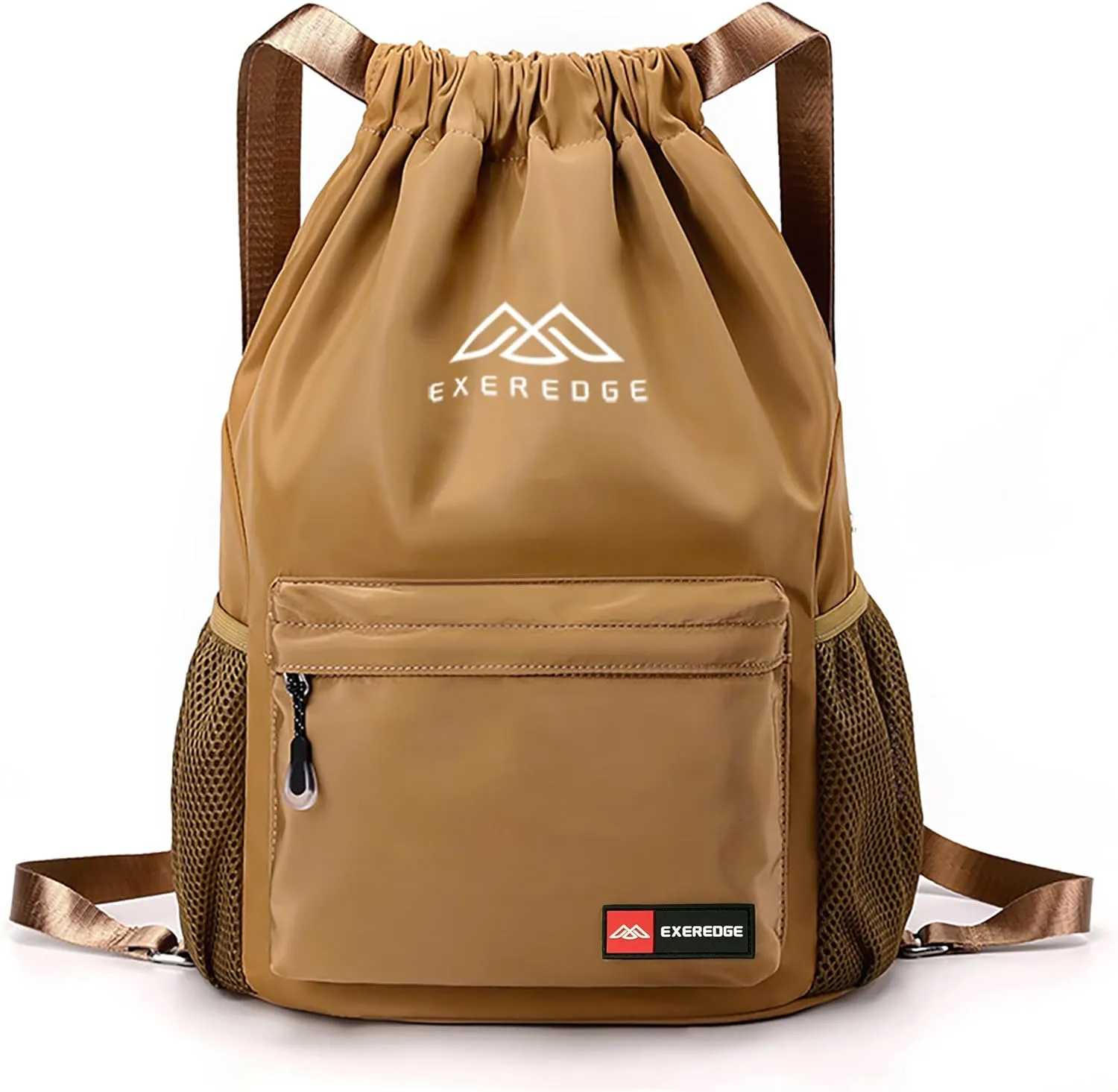 Drawstring Backpack for Women Men Sport Gym Bag Water Resistant Backpack Sandproof Beach Bag With Mesh Pockets (Khaki)