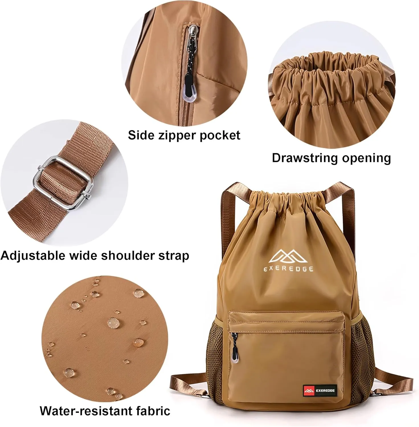 Drawstring Backpack for Women Men Sport Gym Bag Water Resistant Backpack Sandproof Beach Bag With Mesh Pockets (Khaki)