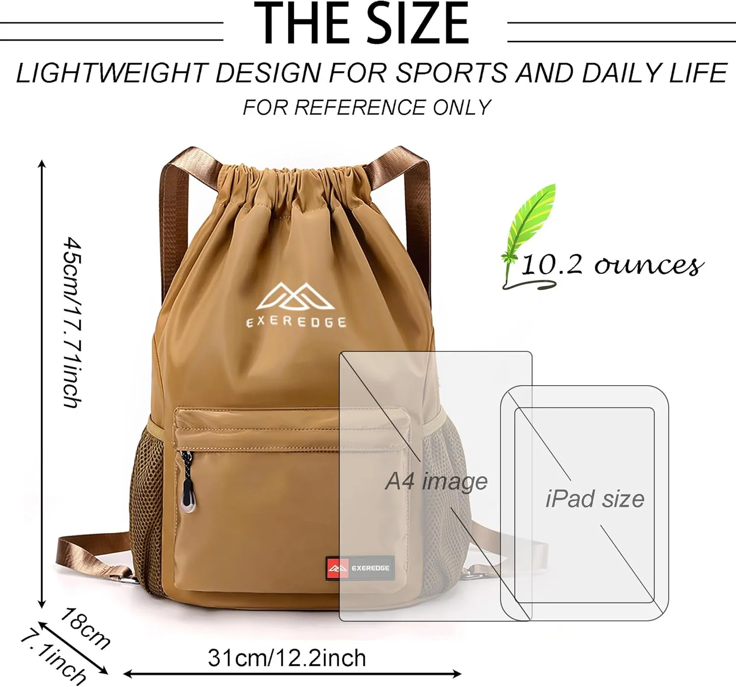 Drawstring Backpack for Women Men Sport Gym Bag Water Resistant Backpack Sandproof Beach Bag With Mesh Pockets (Khaki)
