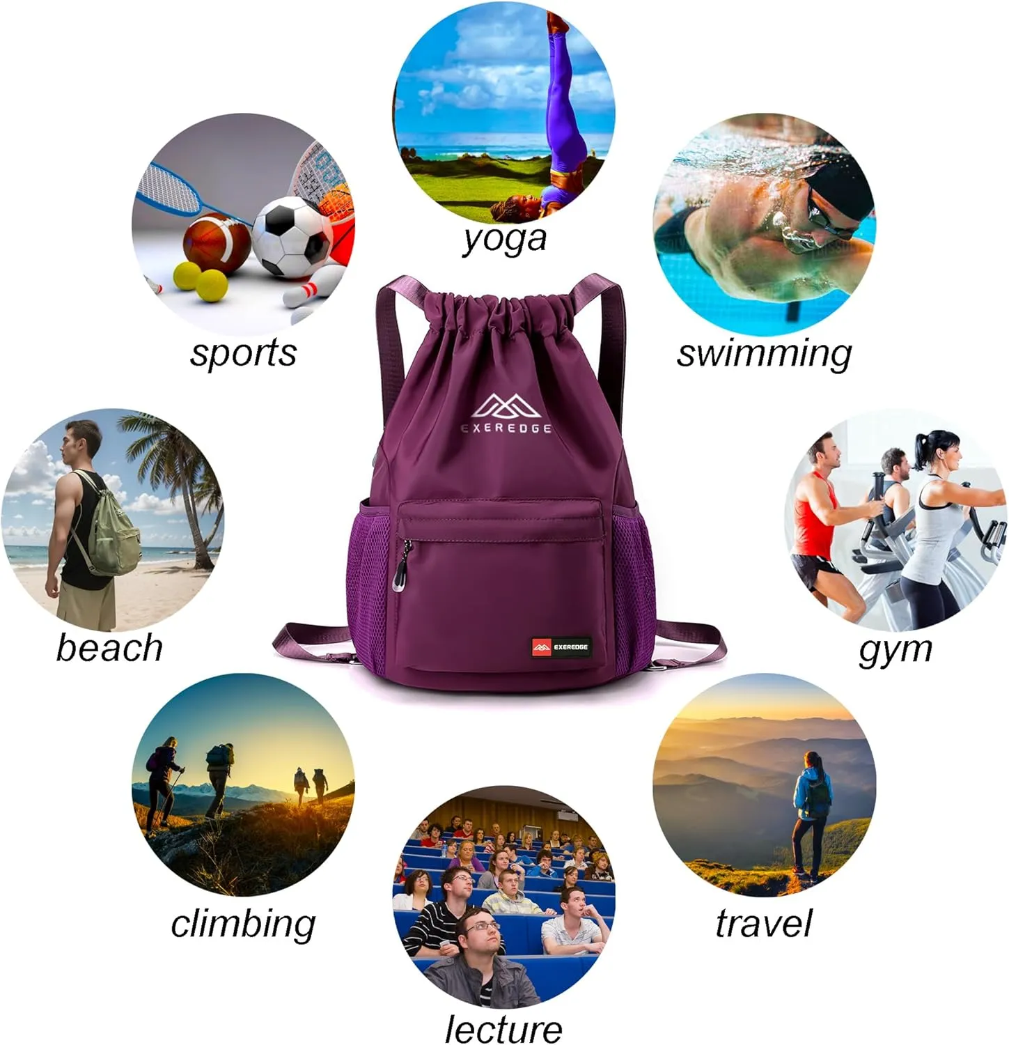 Drawstring Backpack for Women Men Sport Gym Bag Water Resistant Backpack Sandproof Beach Bag With Mesh Pockets (Purple)