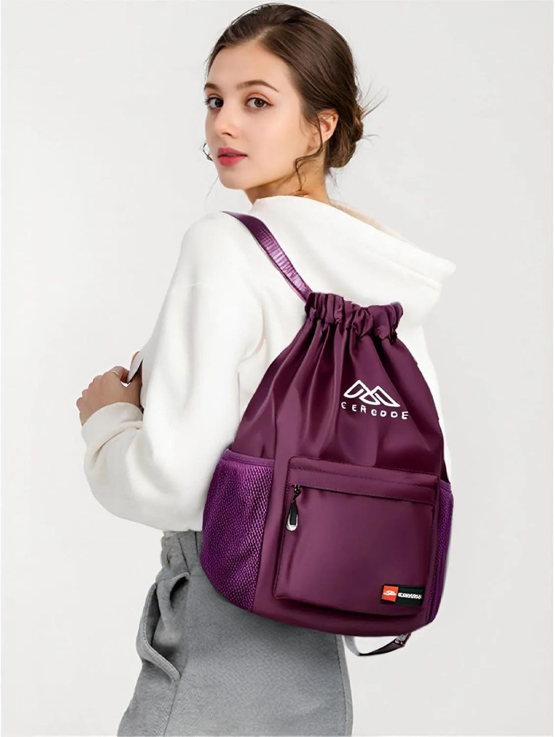 Drawstring Backpack for Women Men Sport Gym Bag Water Resistant Backpack Sandproof Beach Bag With Mesh Pockets (Purple)