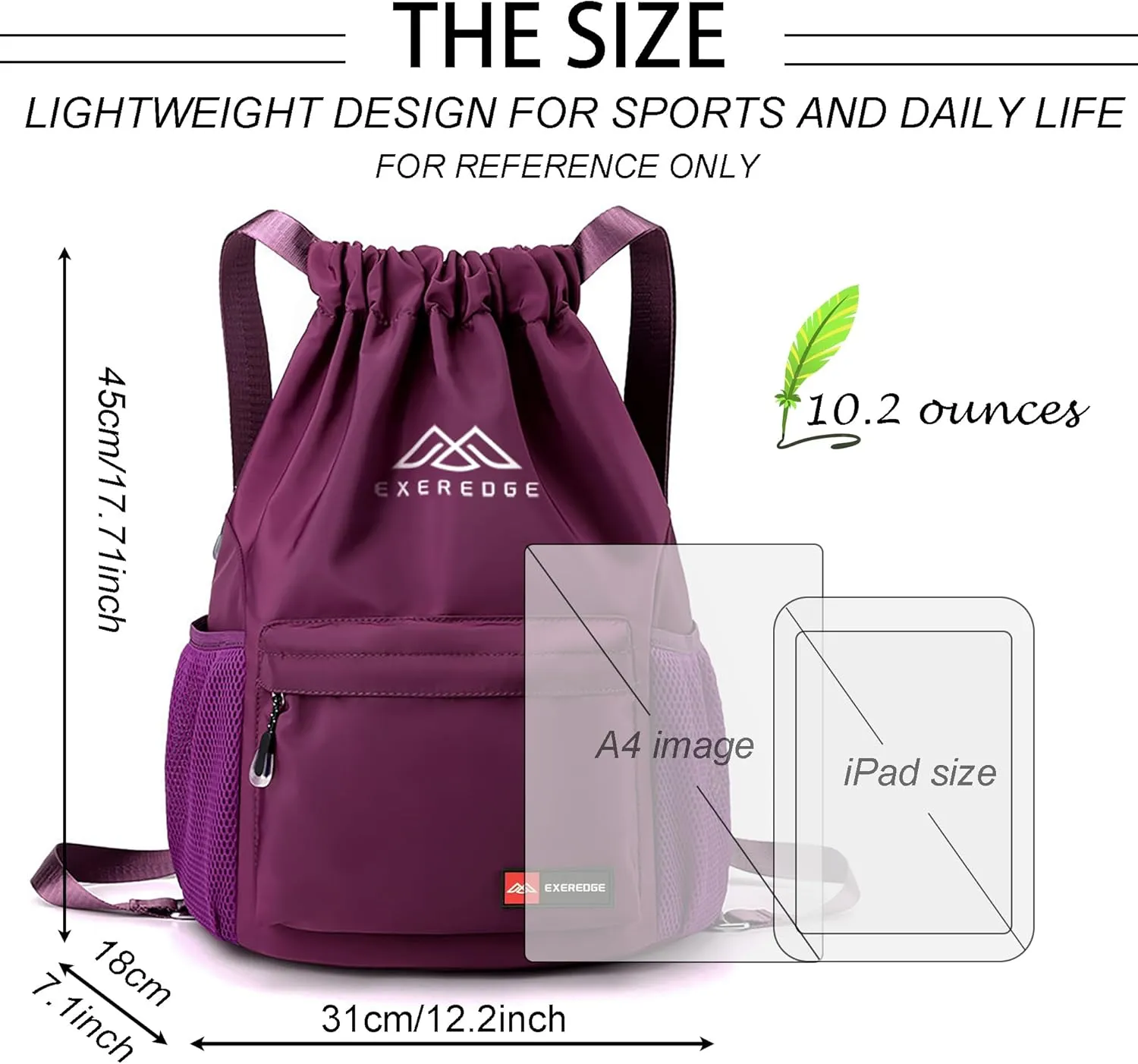 Drawstring Backpack for Women Men Sport Gym Bag Water Resistant Backpack Sandproof Beach Bag With Mesh Pockets (Purple)