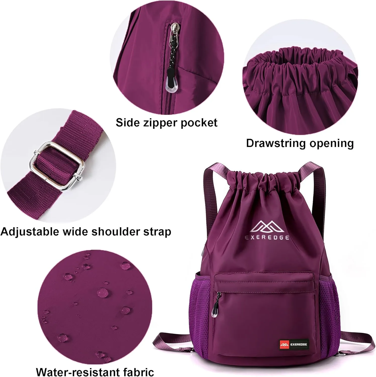 Drawstring Backpack for Women Men Sport Gym Bag Water Resistant Backpack Sandproof Beach Bag With Mesh Pockets (Purple)