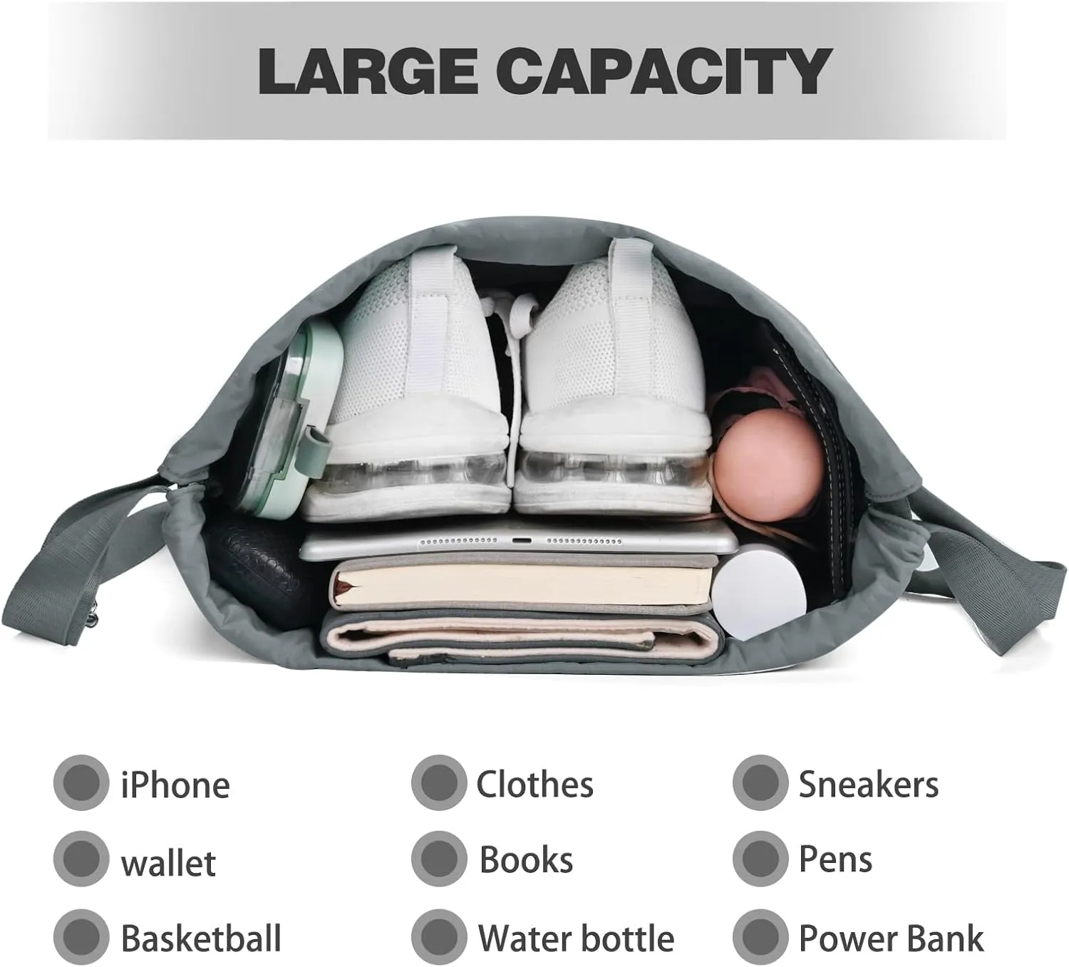Drawstring Backpack with Wet Pocket Gym Backpack Water-Resistant Cinch String Bag Beach Swim for Women Men (Grey)