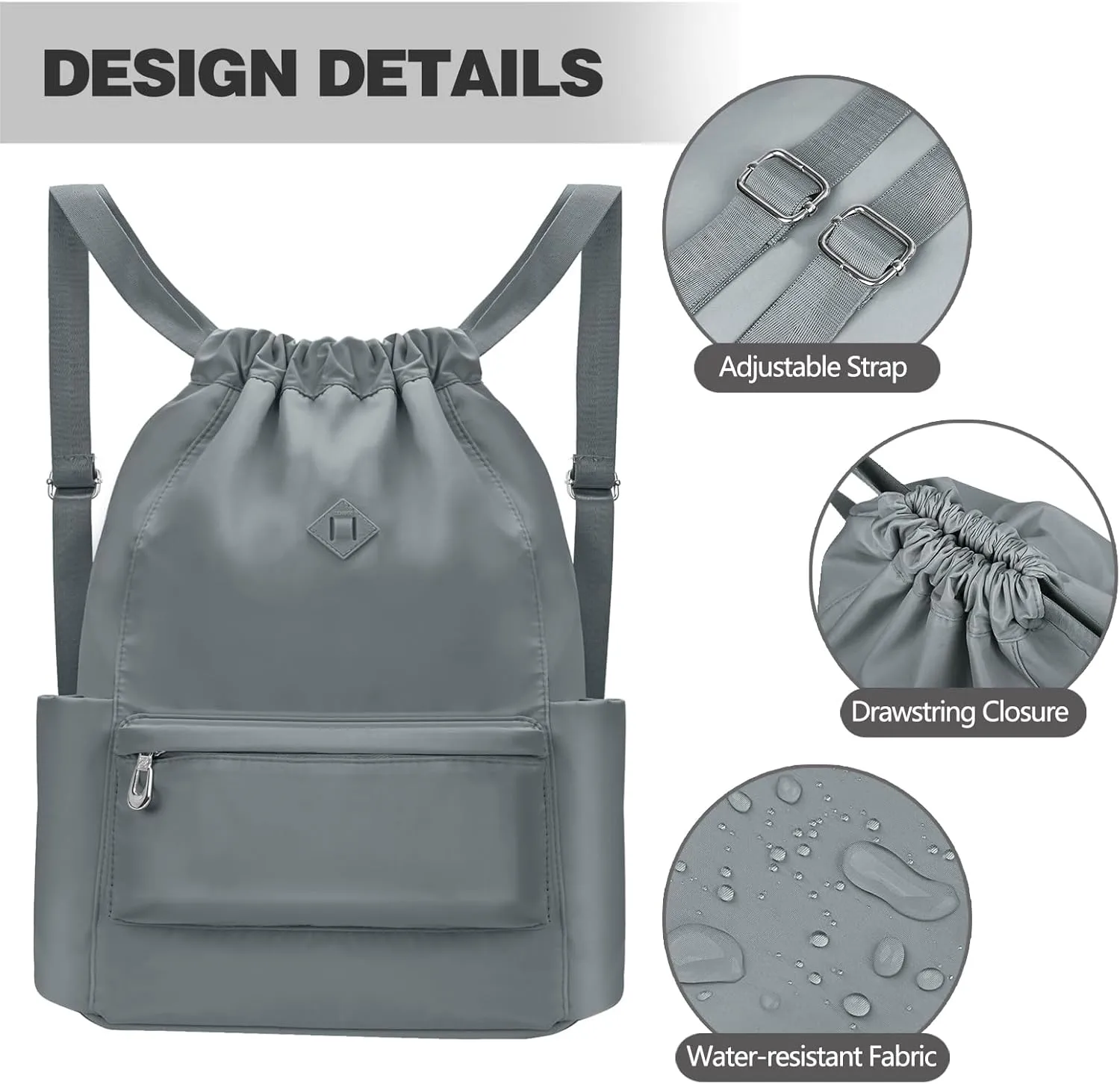 Drawstring Backpack with Wet Pocket Gym Backpack Water-Resistant Cinch String Bag Beach Swim for Women Men (Grey)