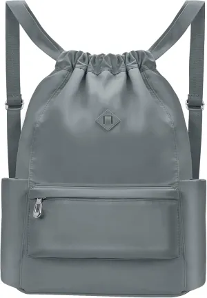 Drawstring Backpack with Wet Pocket Gym Backpack Water-Resistant Cinch String Bag Beach Swim for Women Men (Grey)