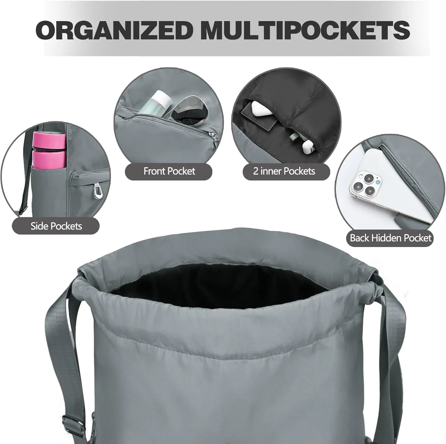 Drawstring Backpack with Wet Pocket Gym Backpack Water-Resistant Cinch String Bag Beach Swim for Women Men (Grey)