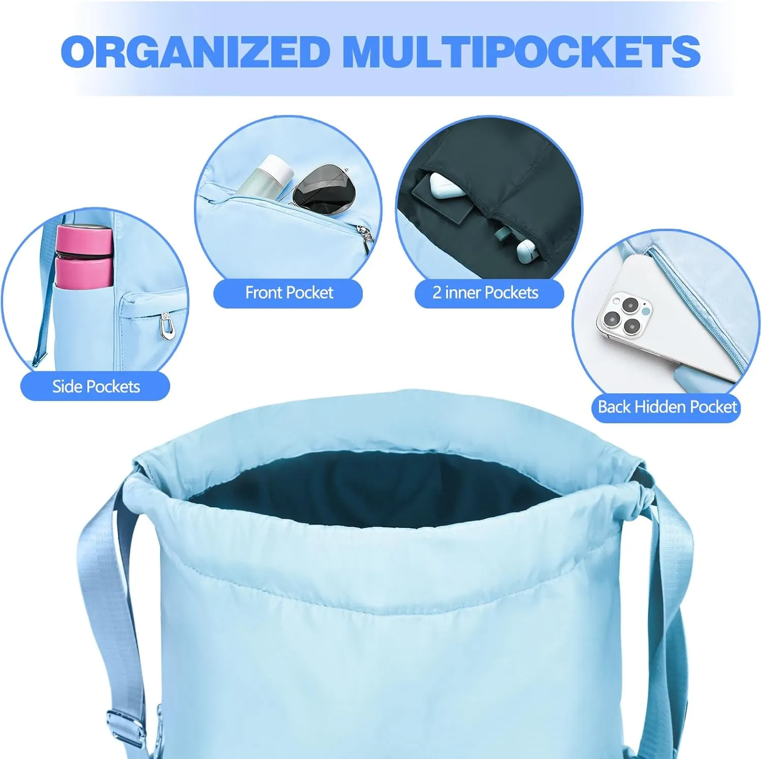 Drawstring Backpack with Wet Pocket Gym Backpack Water-Resistant Cinch String Bag Beach Swim for Women Men（Light Blue）