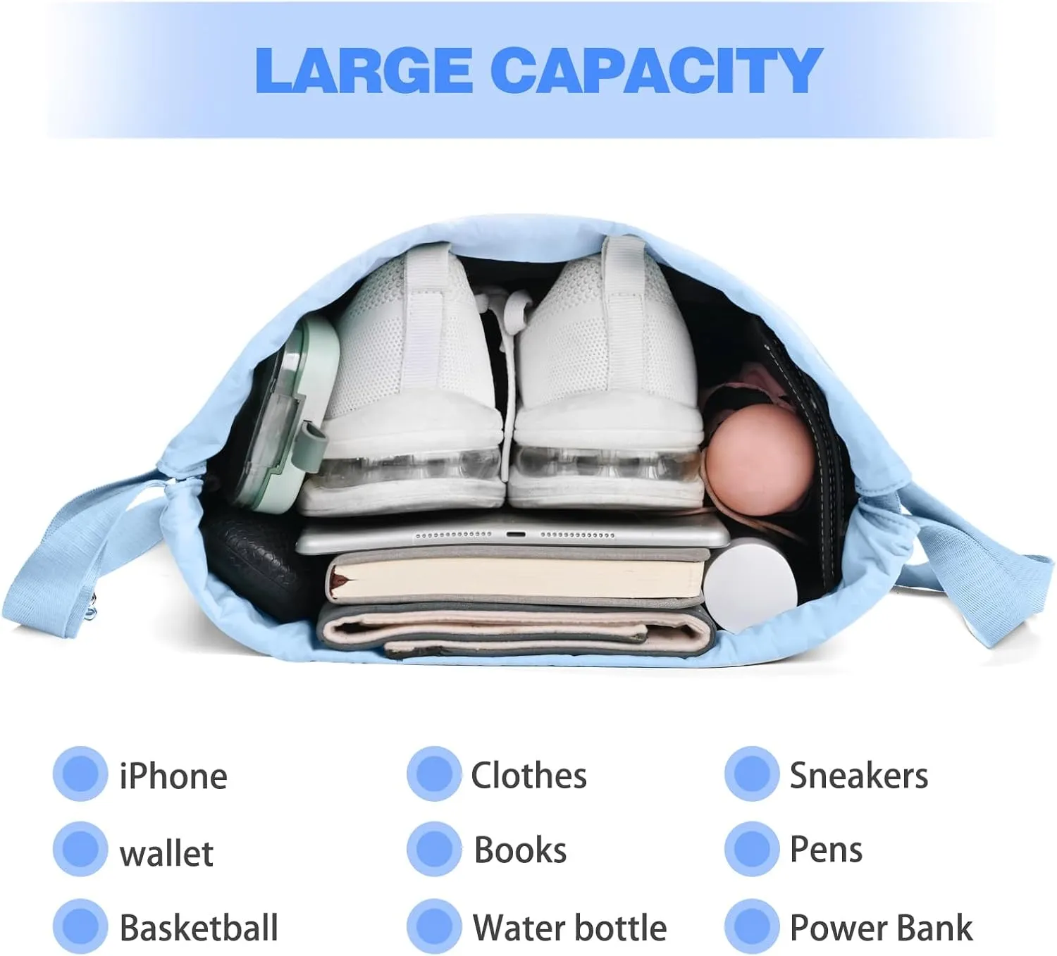 Drawstring Backpack with Wet Pocket Gym Backpack Water-Resistant Cinch String Bag Beach Swim for Women Men（Light Blue）