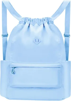 Drawstring Backpack with Wet Pocket Gym Backpack Water-Resistant Cinch String Bag Beach Swim for Women Men（Light Blue）