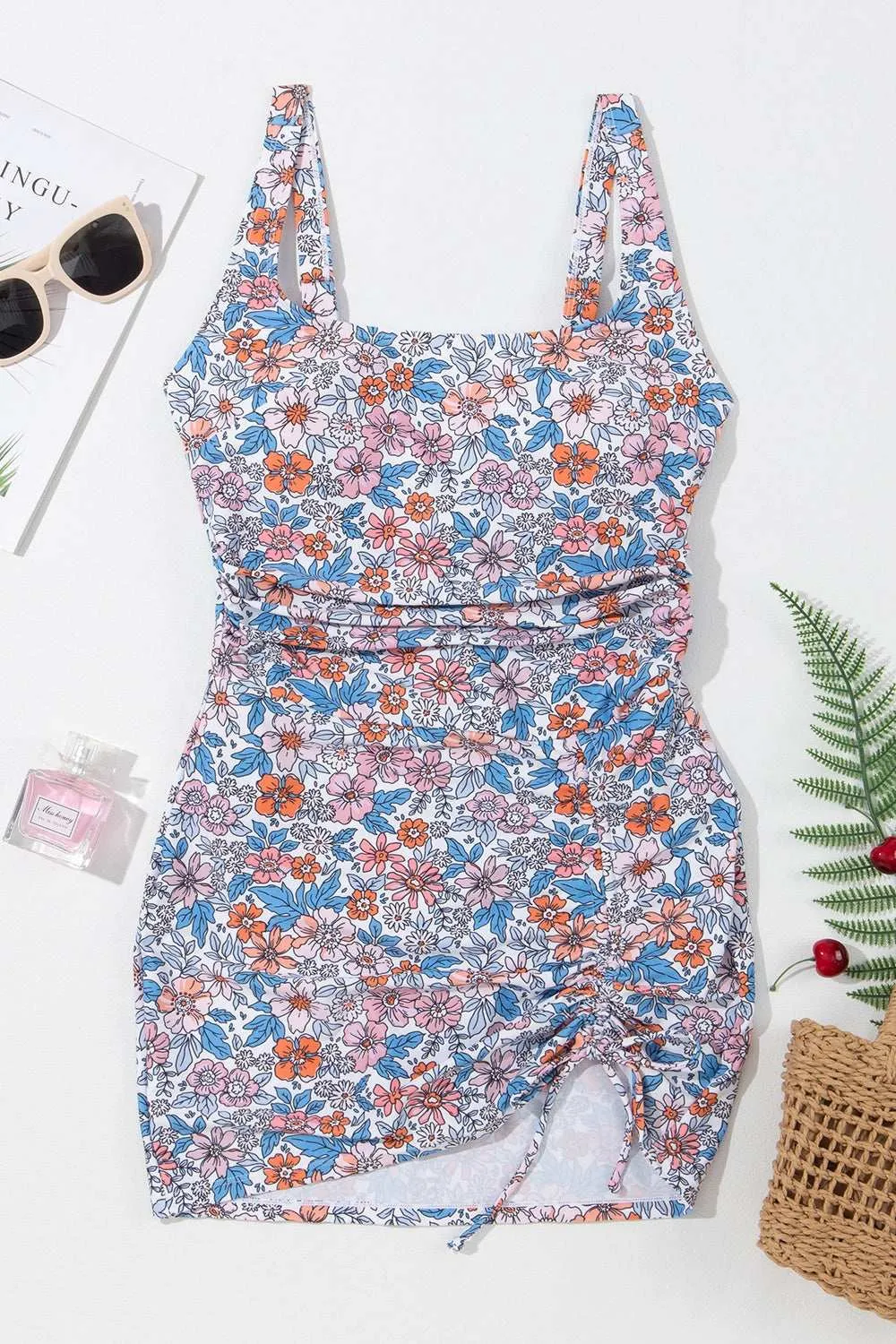 Drawstring Printed Swim Dress with Wide Straps