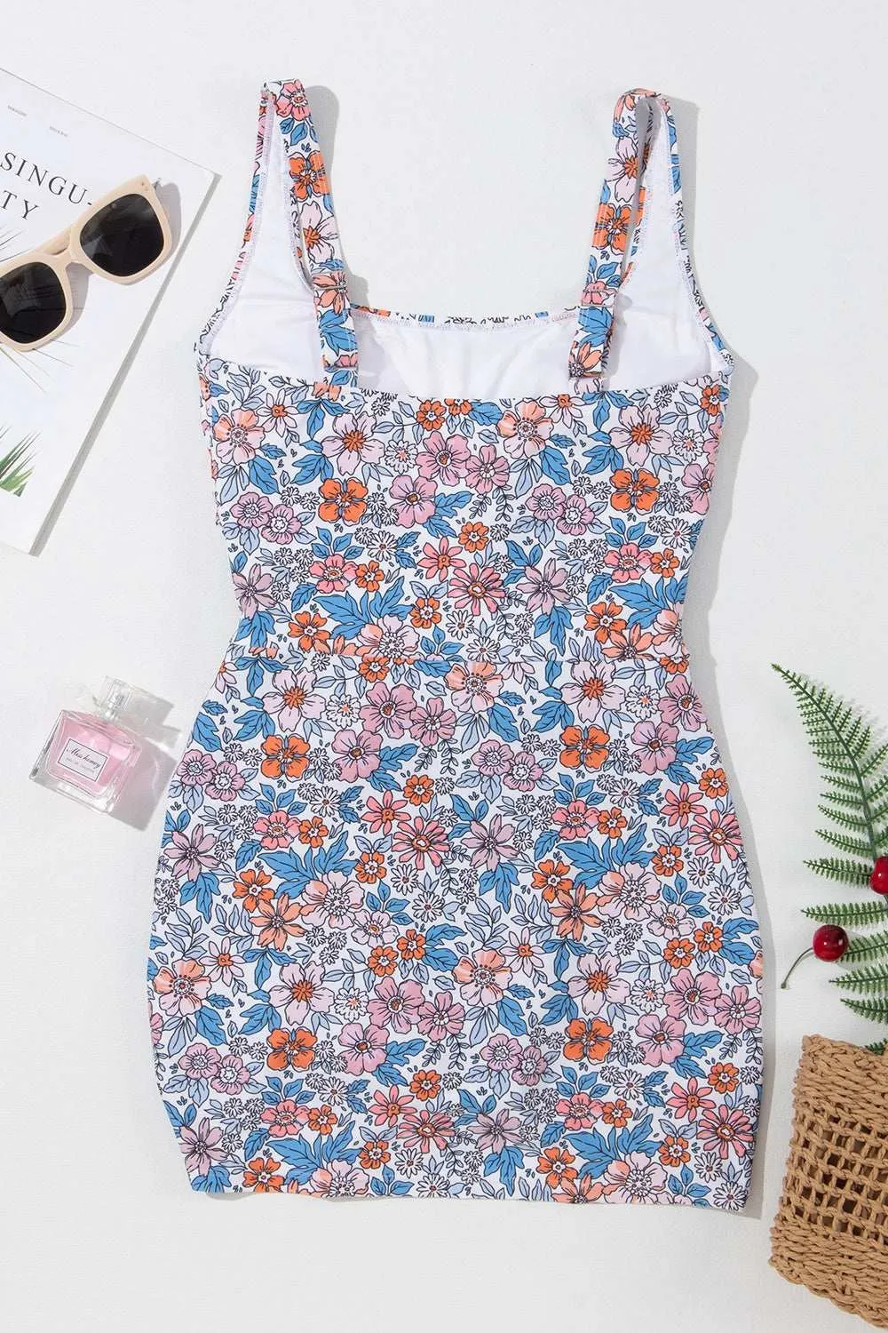 Drawstring Printed Swim Dress with Wide Straps