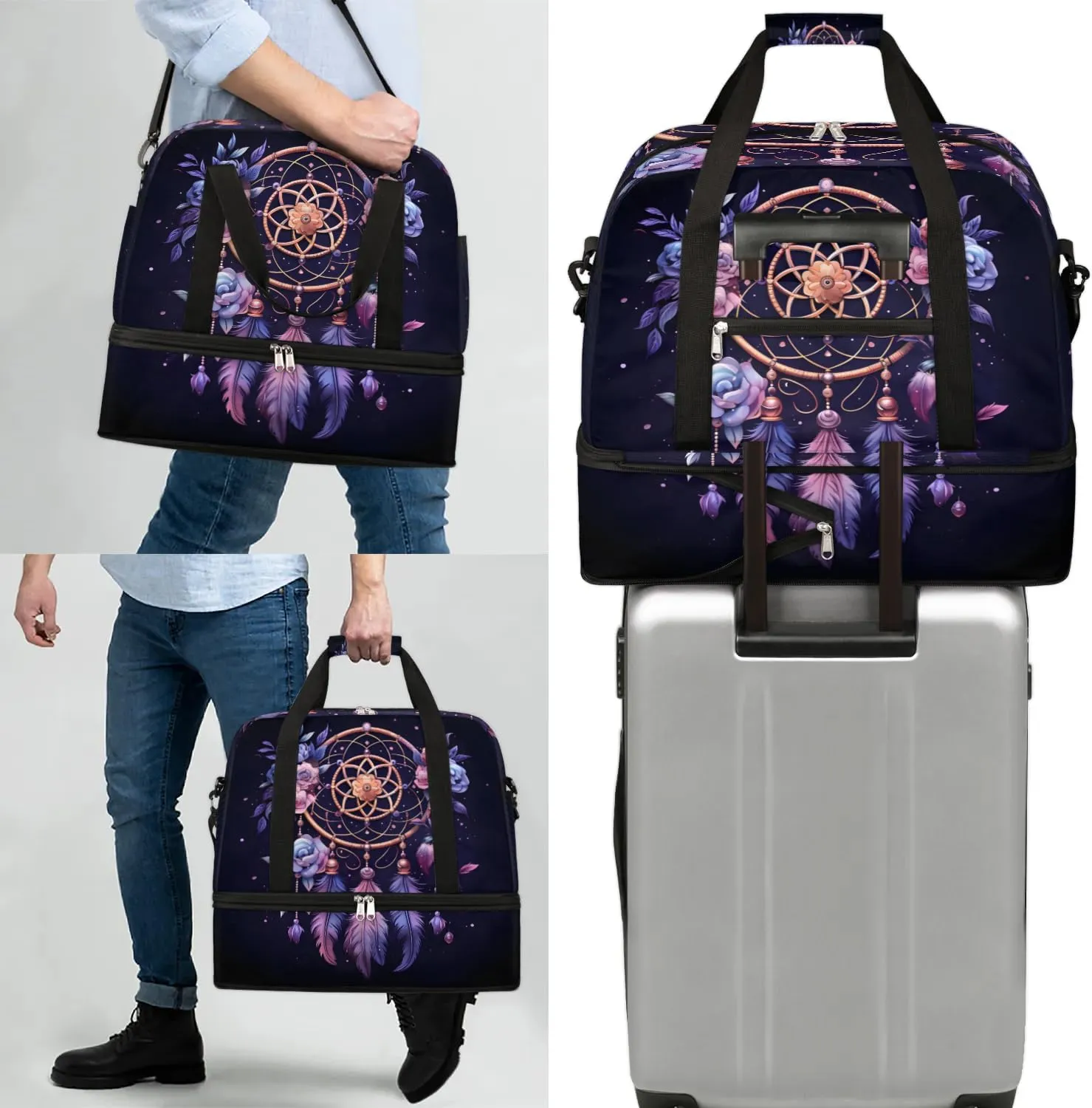 Dream Catcher Boho Pattern Travel Duffle Bag, Collapsible Travel Bag Sports Gym Bag With Shoes Compartment Weekender Bag Overnight Bag For Women Men