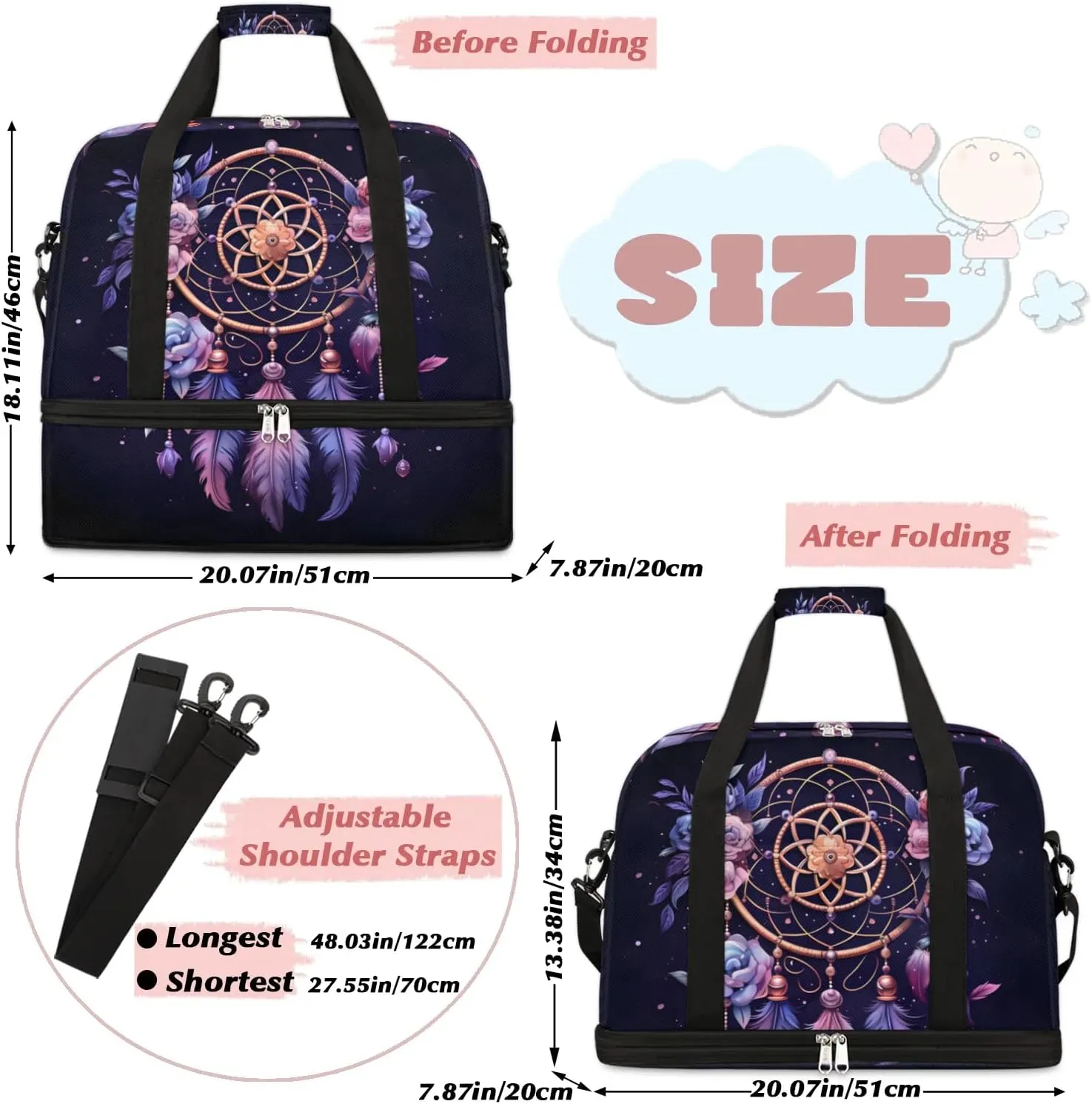 Dream Catcher Boho Pattern Travel Duffle Bag, Collapsible Travel Bag Sports Gym Bag With Shoes Compartment Weekender Bag Overnight Bag For Women Men
